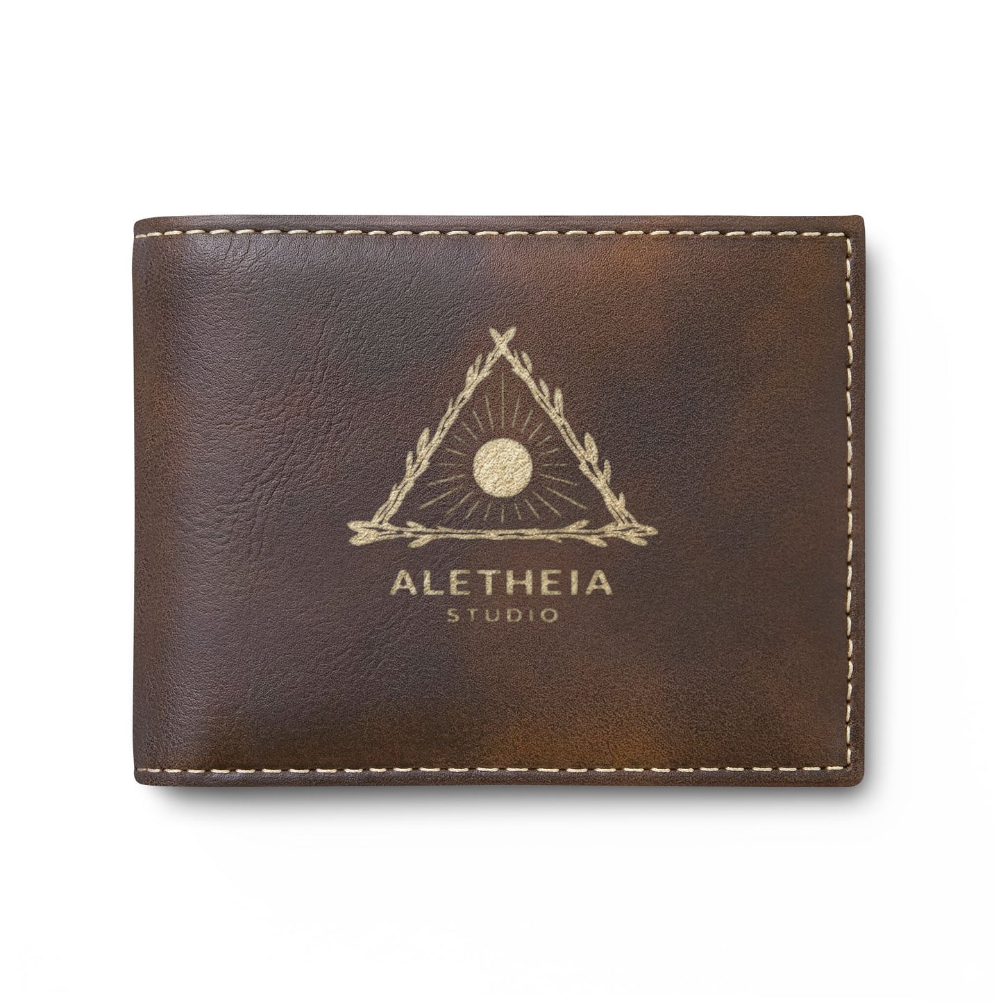 Aletheia Leather Bi-Fold Wallet — Classic Brown Flip Wallet with Logo