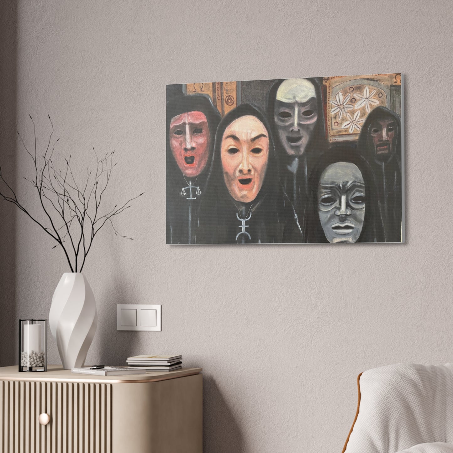Masked Figures Canvas Stretched 1.5" | Dark Portrait Wall Art