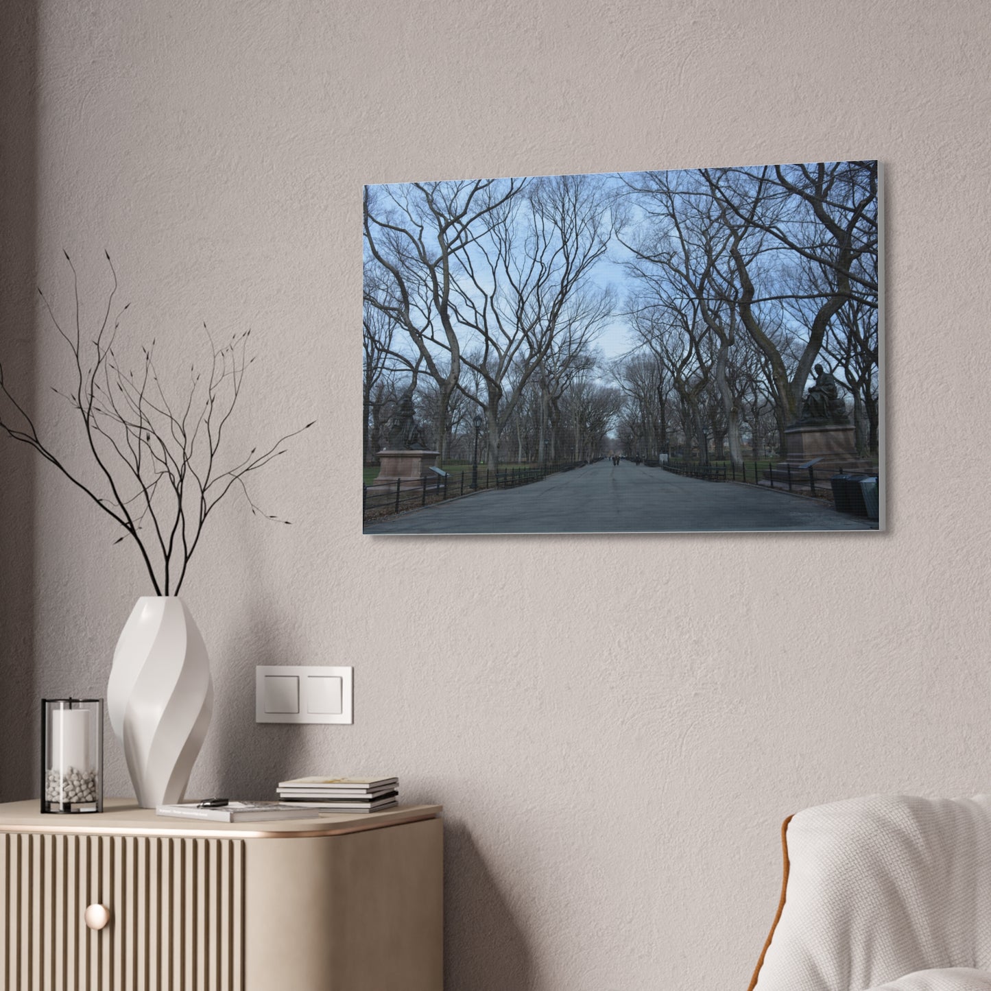 Leafless Tree Lined Path Canvas Stretched | Central Park In Winter Landscape Wall Art