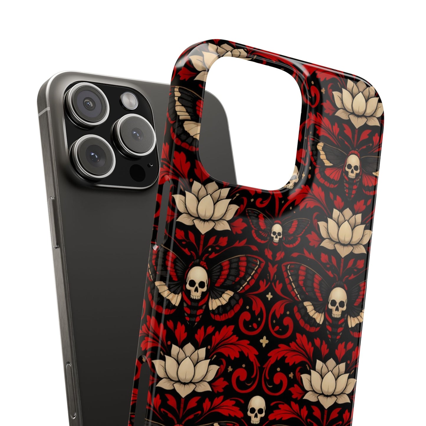 Gothic Skull & Lotus Slim Phone Case — Red Damask Moth Pattern