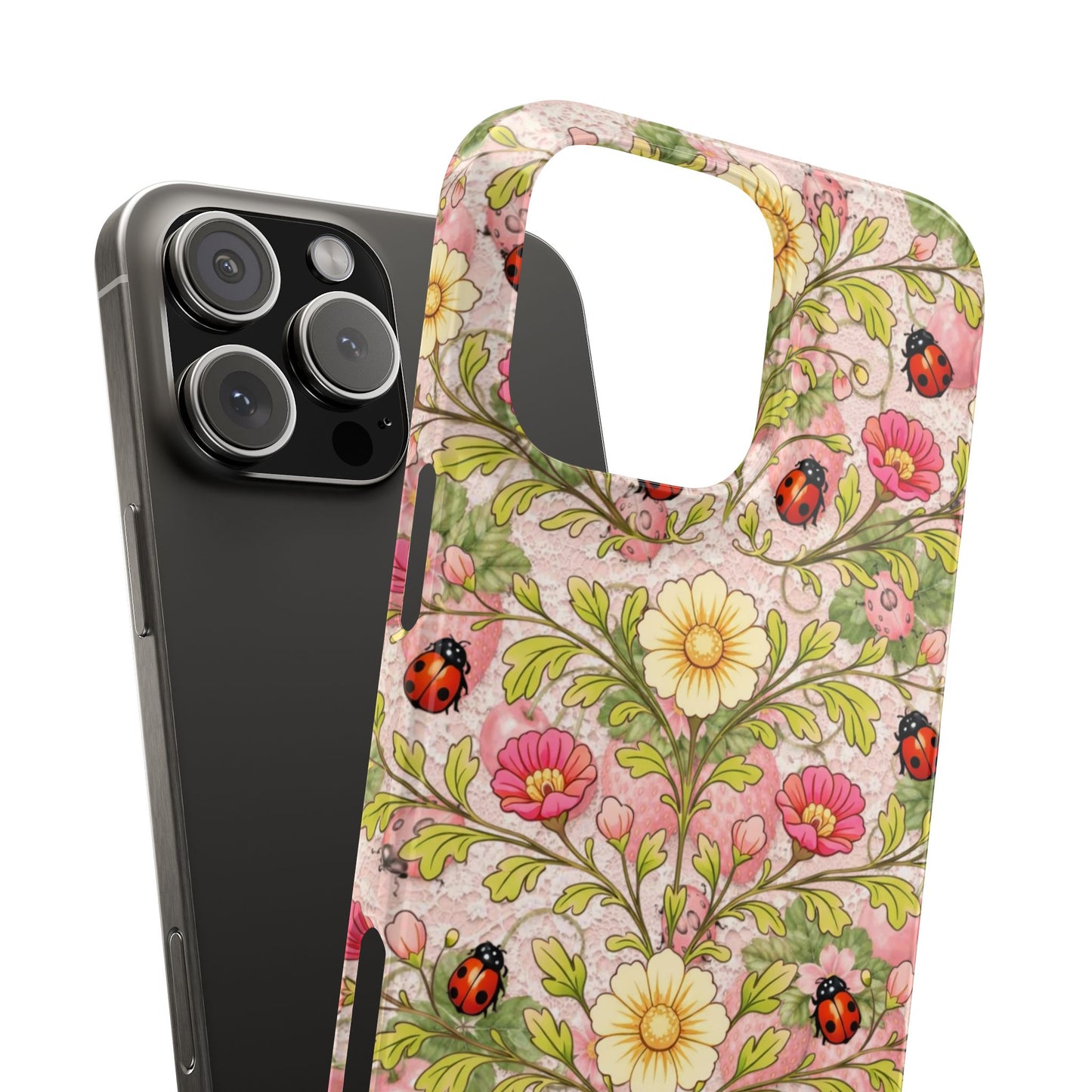 Floral Ladybug Slim Phone Case — Vintage Botanical Pink Garden Design