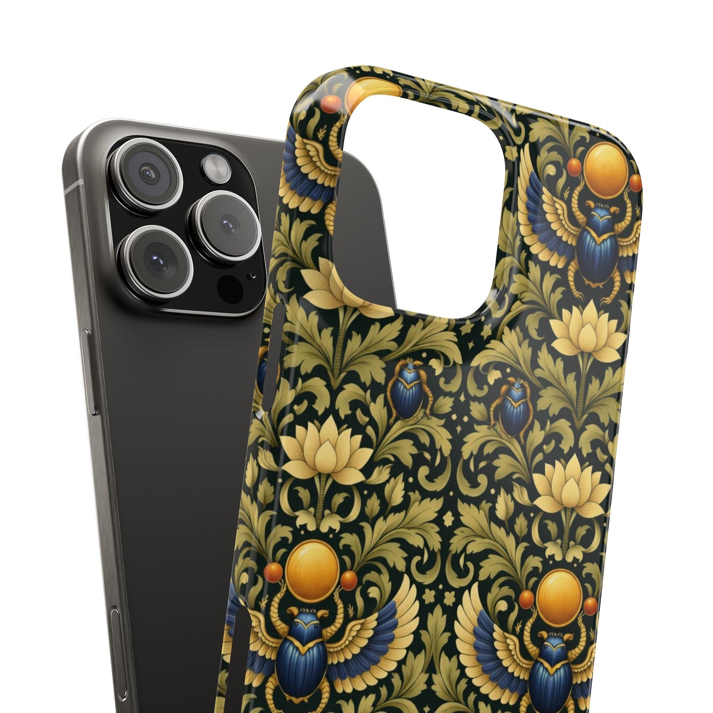 Slim Phone Case — Vintage Egyptian Scarab & Lotus Pattern (Gold on Olive)