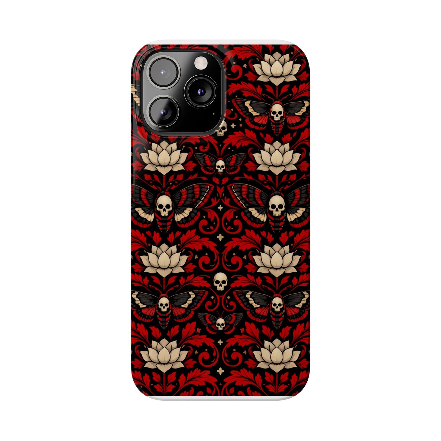 Gothic Skull & Lotus Slim Phone Case — Red Damask Moth Pattern