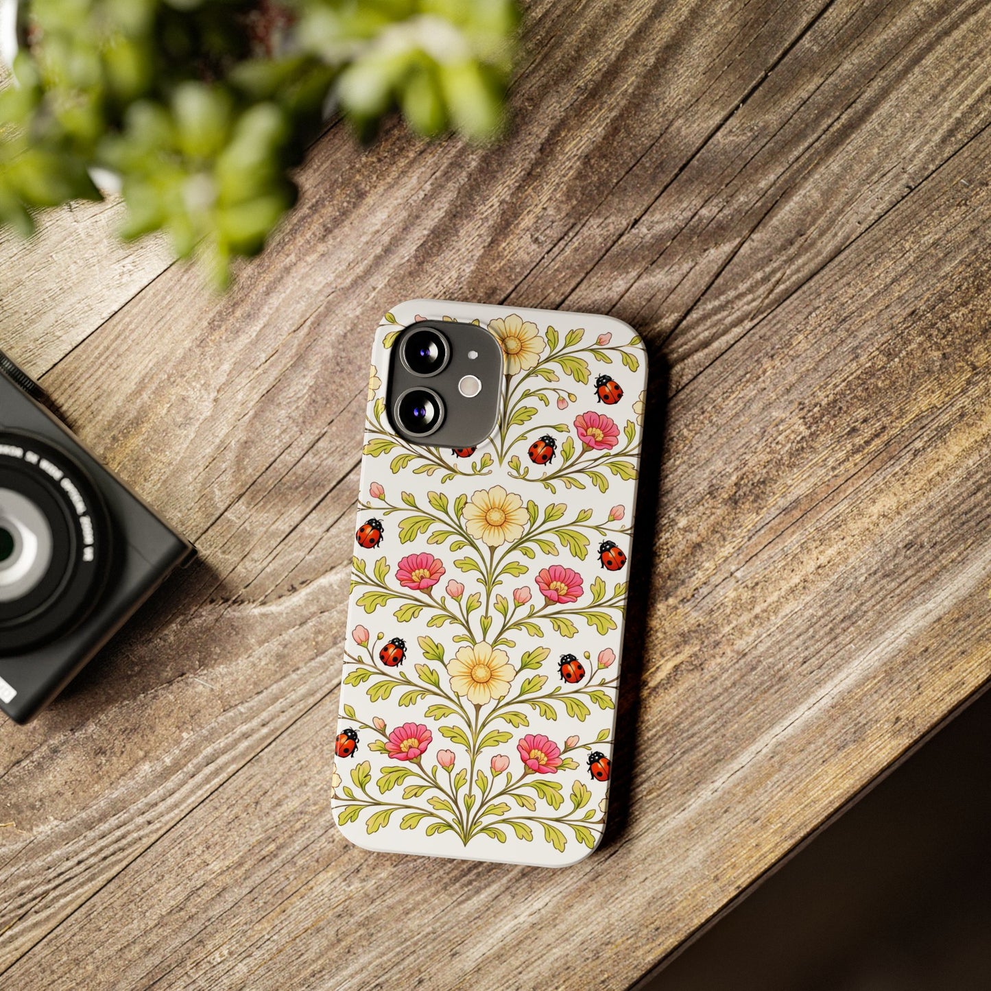 Floral Ladybug Slim Phone Case — Vintage Garden Pattern