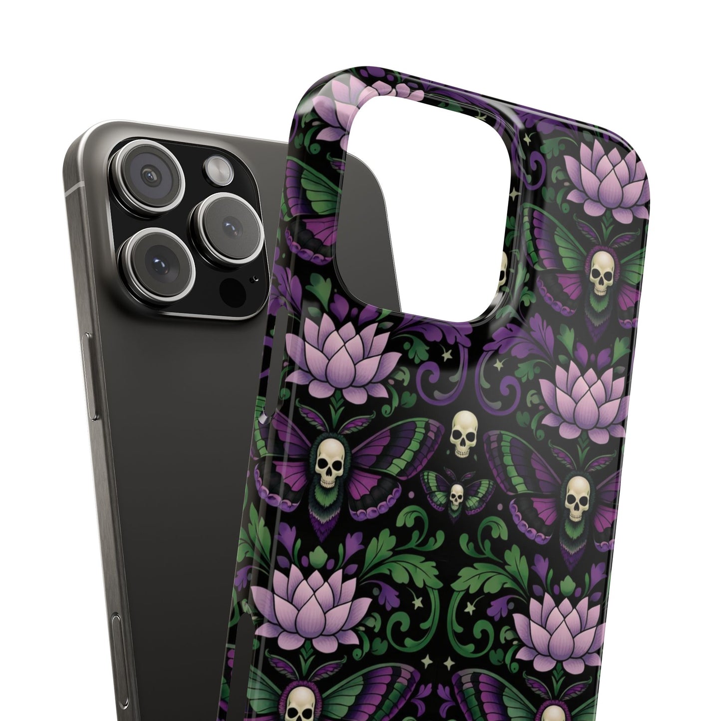 Gothic Lotus & Skull Slim Phone Case — Dark Floral Pattern for iPhone