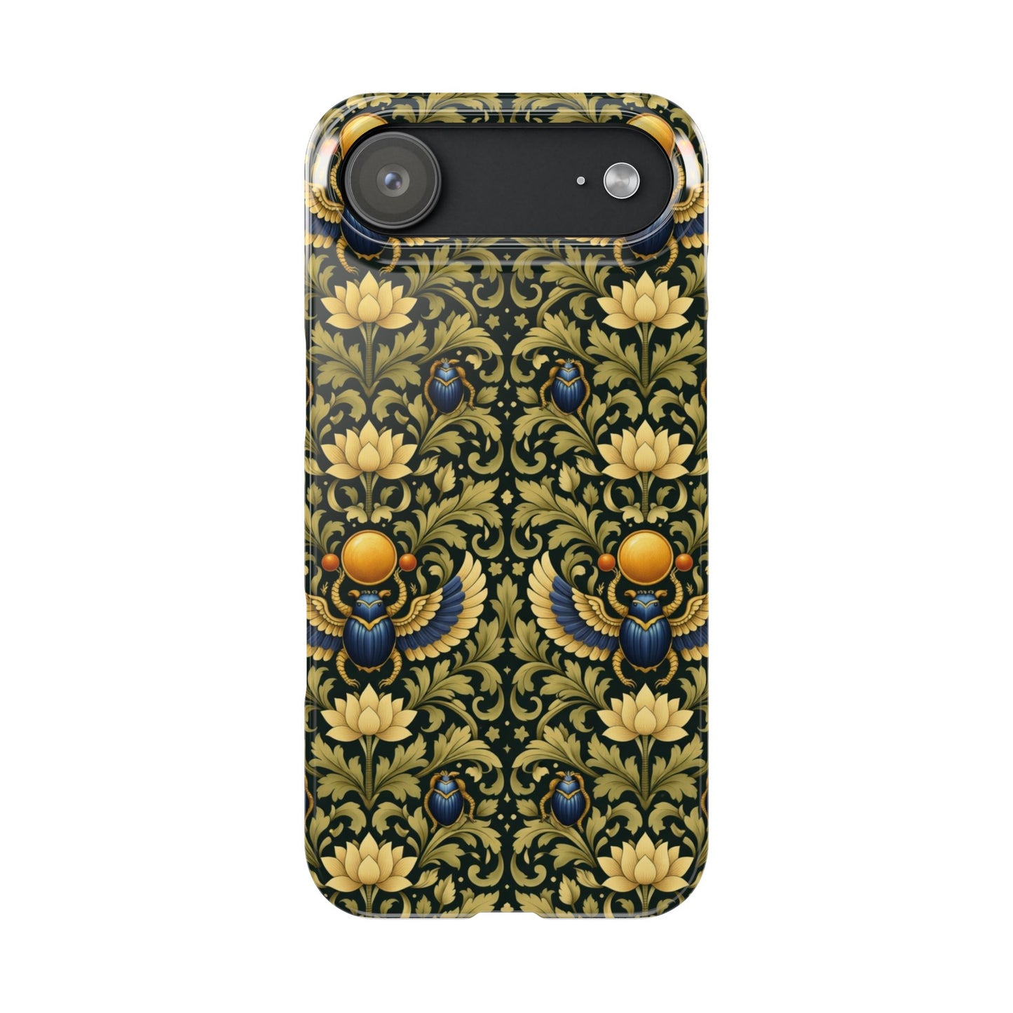 Slim Phone Case — Vintage Egyptian Scarab & Lotus Pattern (Gold on Olive)