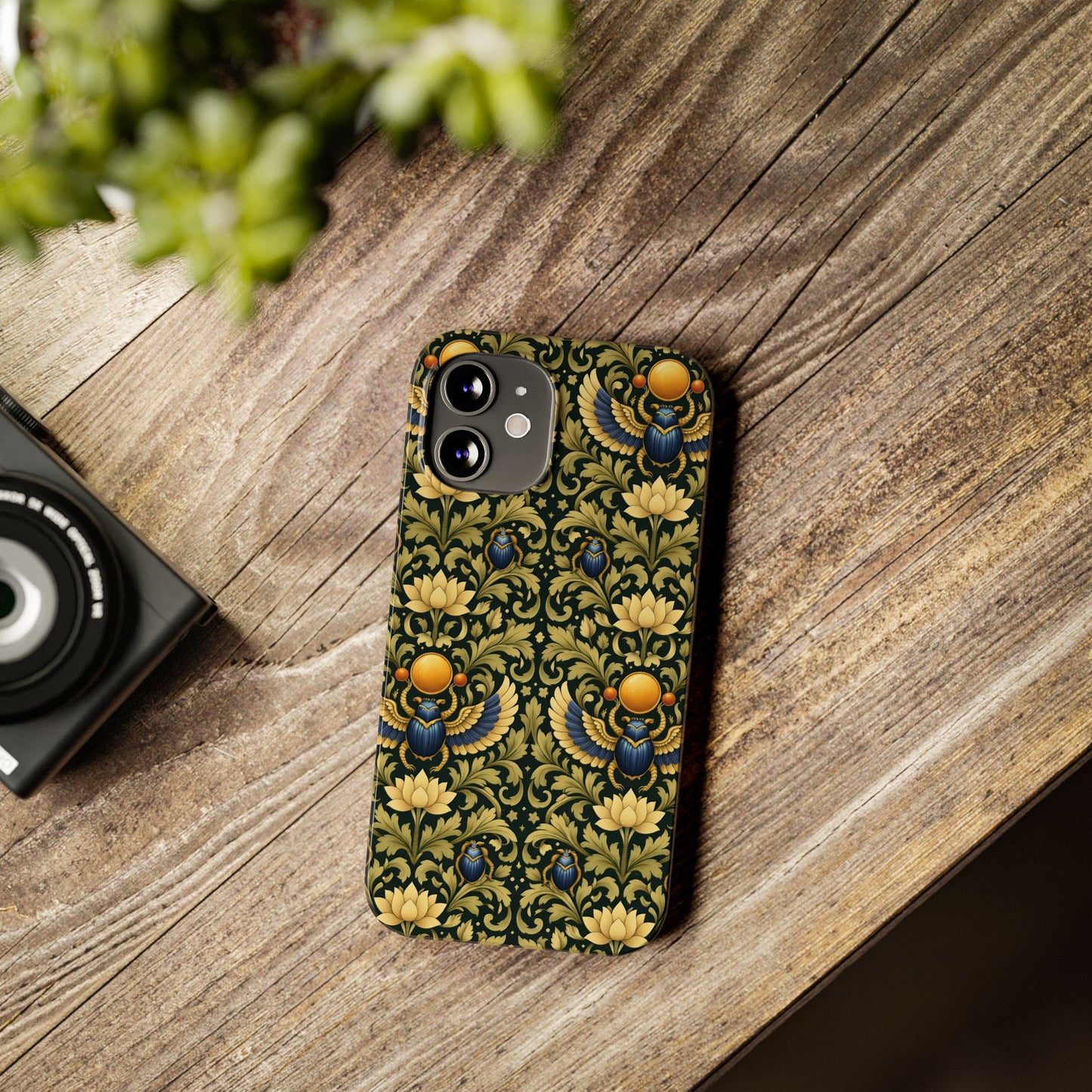 Slim Phone Case — Vintage Egyptian Scarab & Lotus Pattern (Gold on Olive)