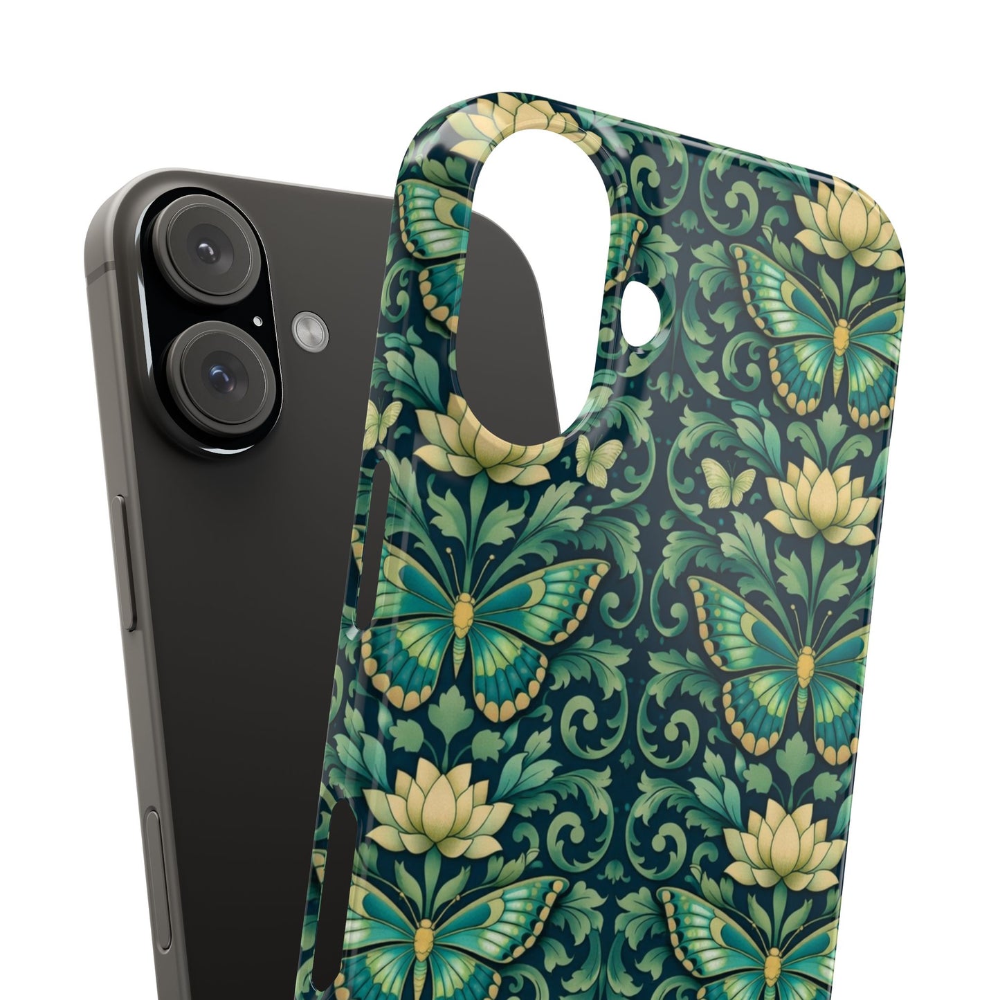 Slim Phone Case — Vintage Green Butterfly & Lotus Pattern