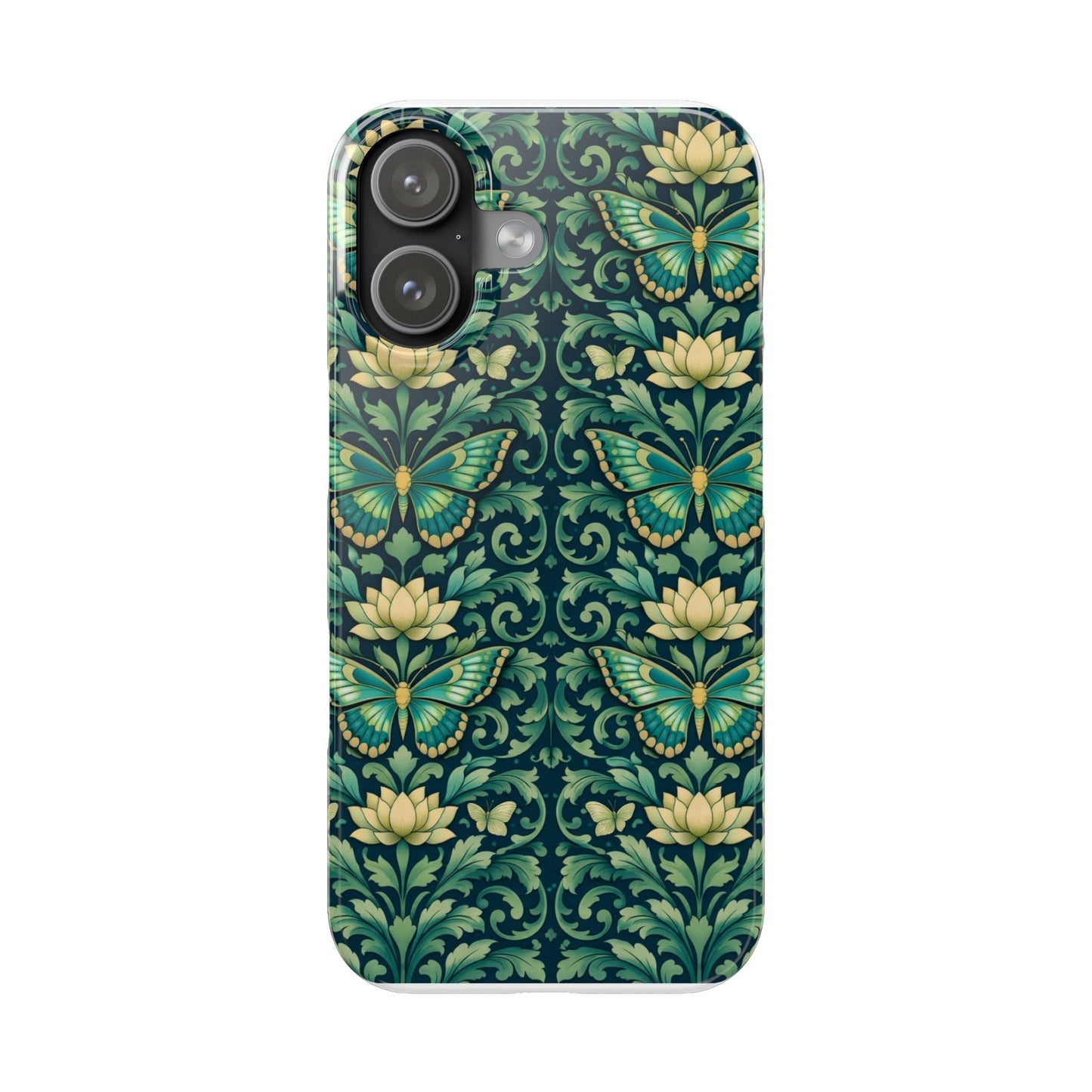Slim Phone Case — Vintage Green Butterfly & Lotus Pattern