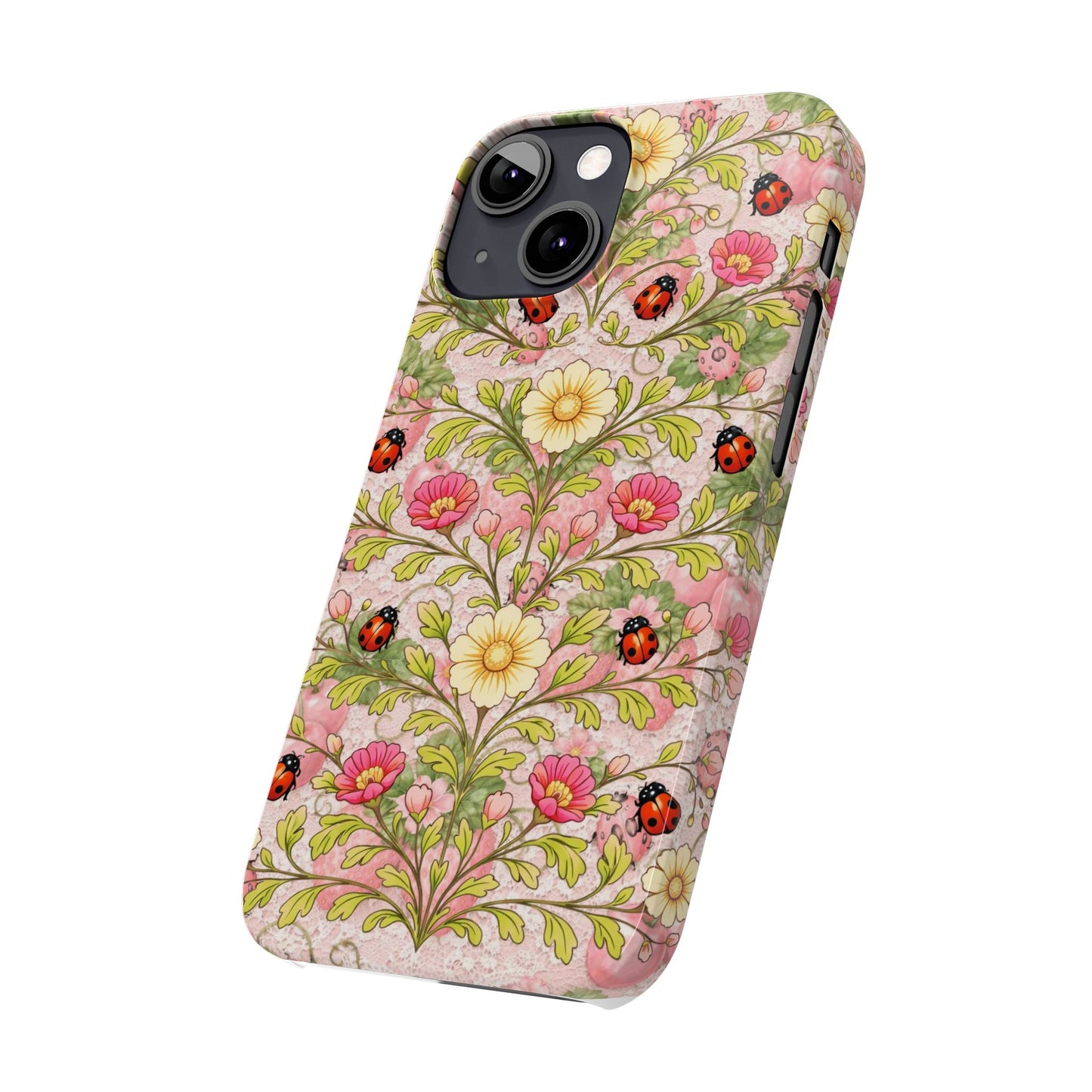 Floral Ladybug Slim Phone Case — Vintage Botanical Pink Garden Design