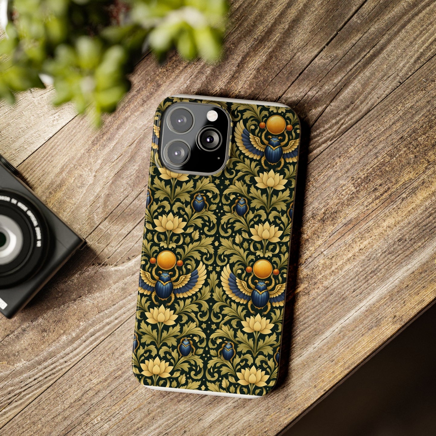 Slim Phone Case — Vintage Egyptian Scarab & Lotus Pattern (Gold on Olive)