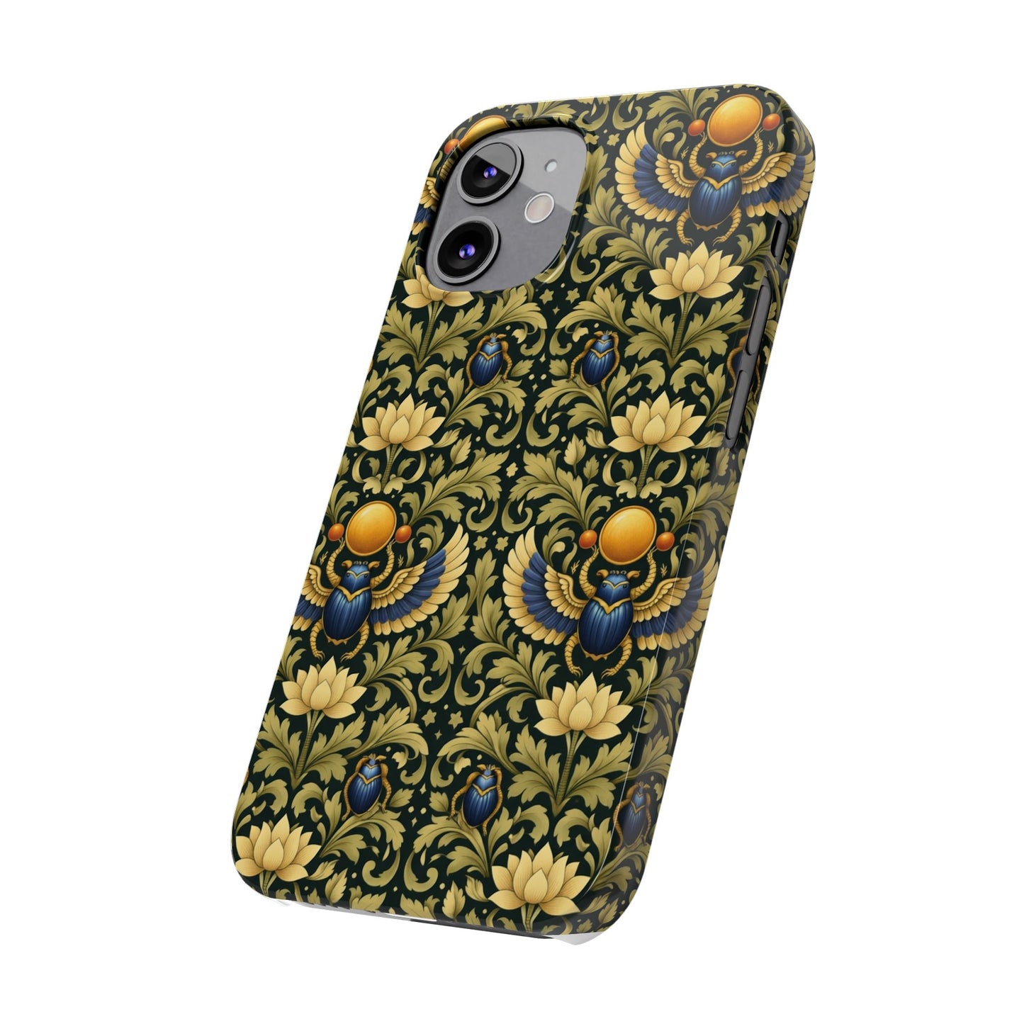Slim Phone Case — Vintage Egyptian Scarab & Lotus Pattern (Gold on Olive)