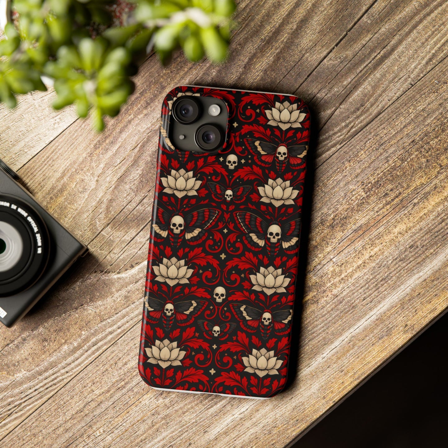 Gothic Skull & Lotus Slim Phone Case — Red Damask Moth Pattern