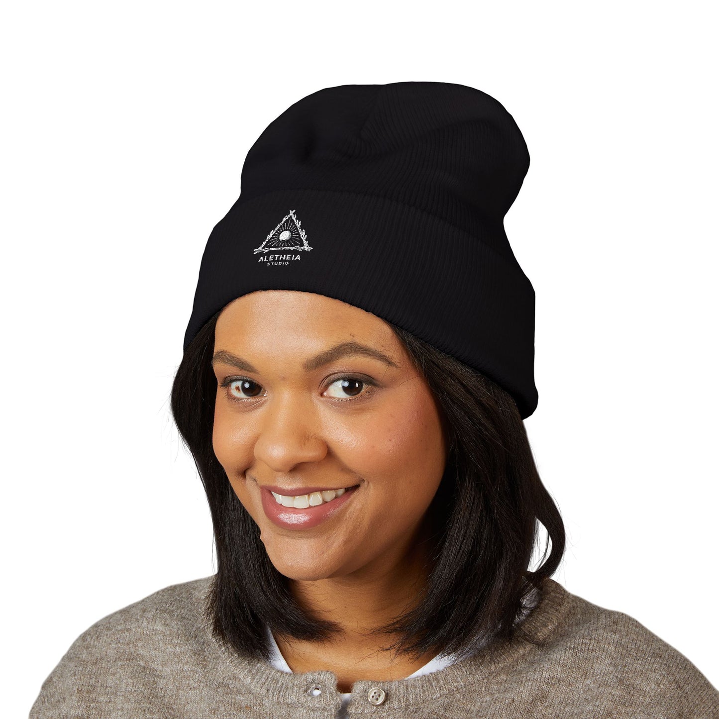 Embroidered Heart Rose Cuffed Beanie – Minimal White Knit Winter Hat
