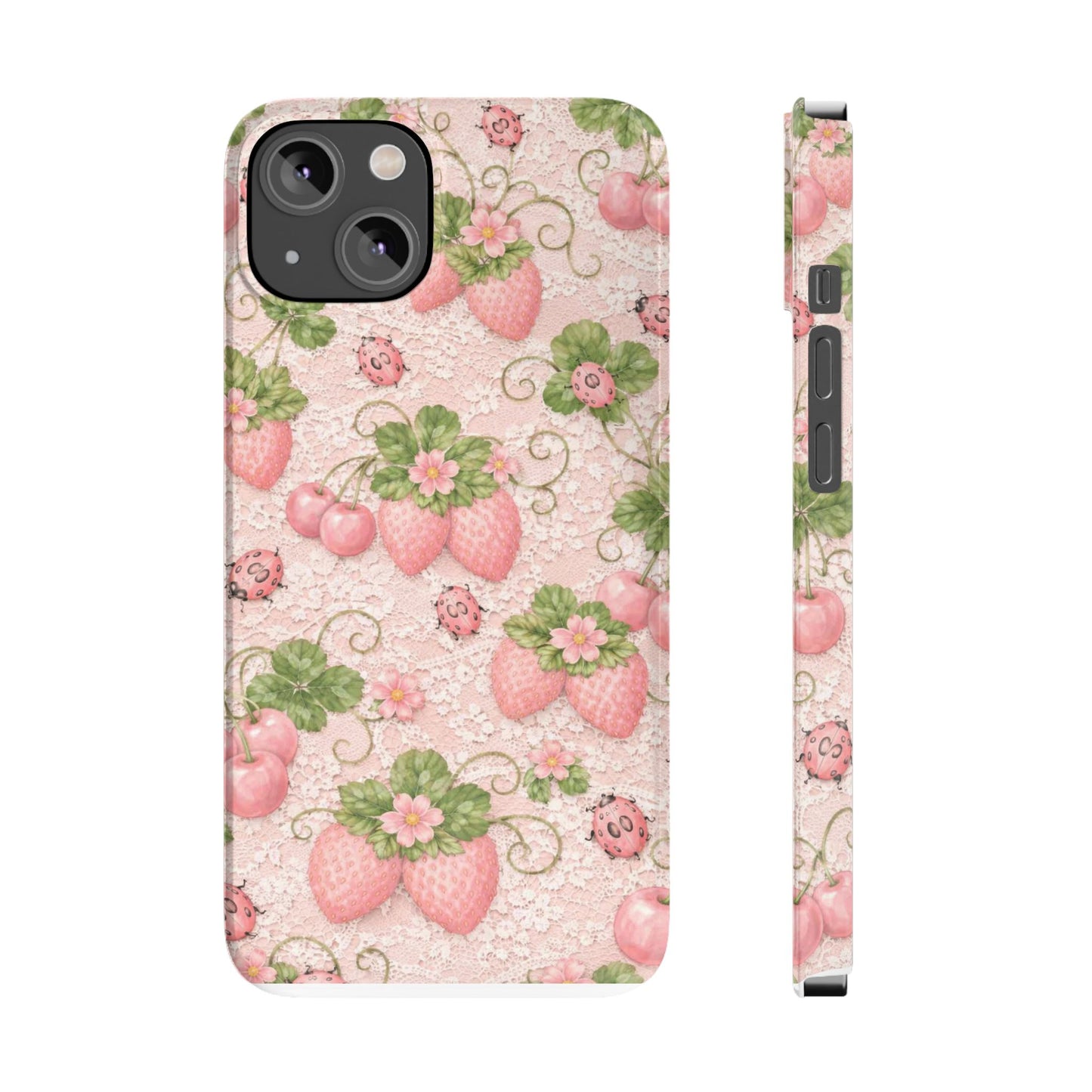 Strawberry Pattern Slim Phone Case — Vintage Pink Floral Fruit Design