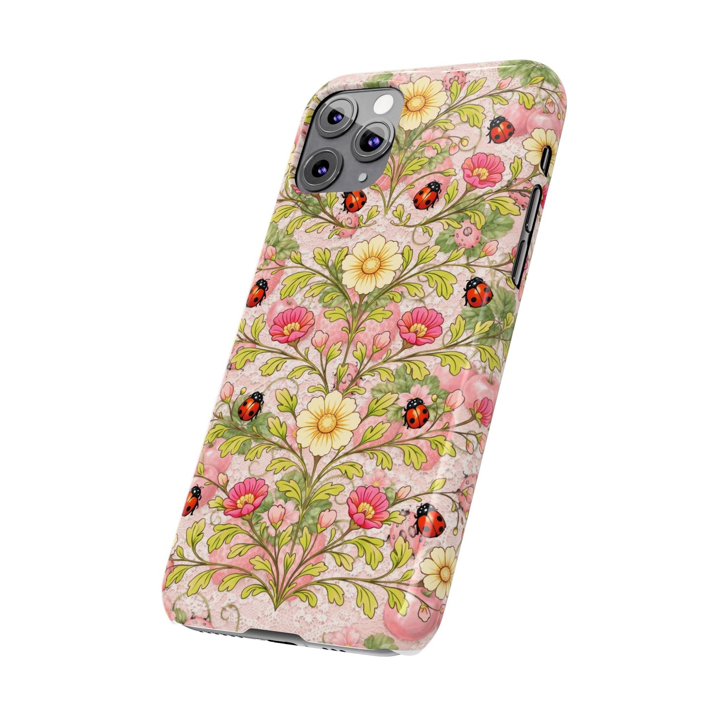 Floral Ladybug Slim Phone Case — Vintage Botanical Pink Garden Design
