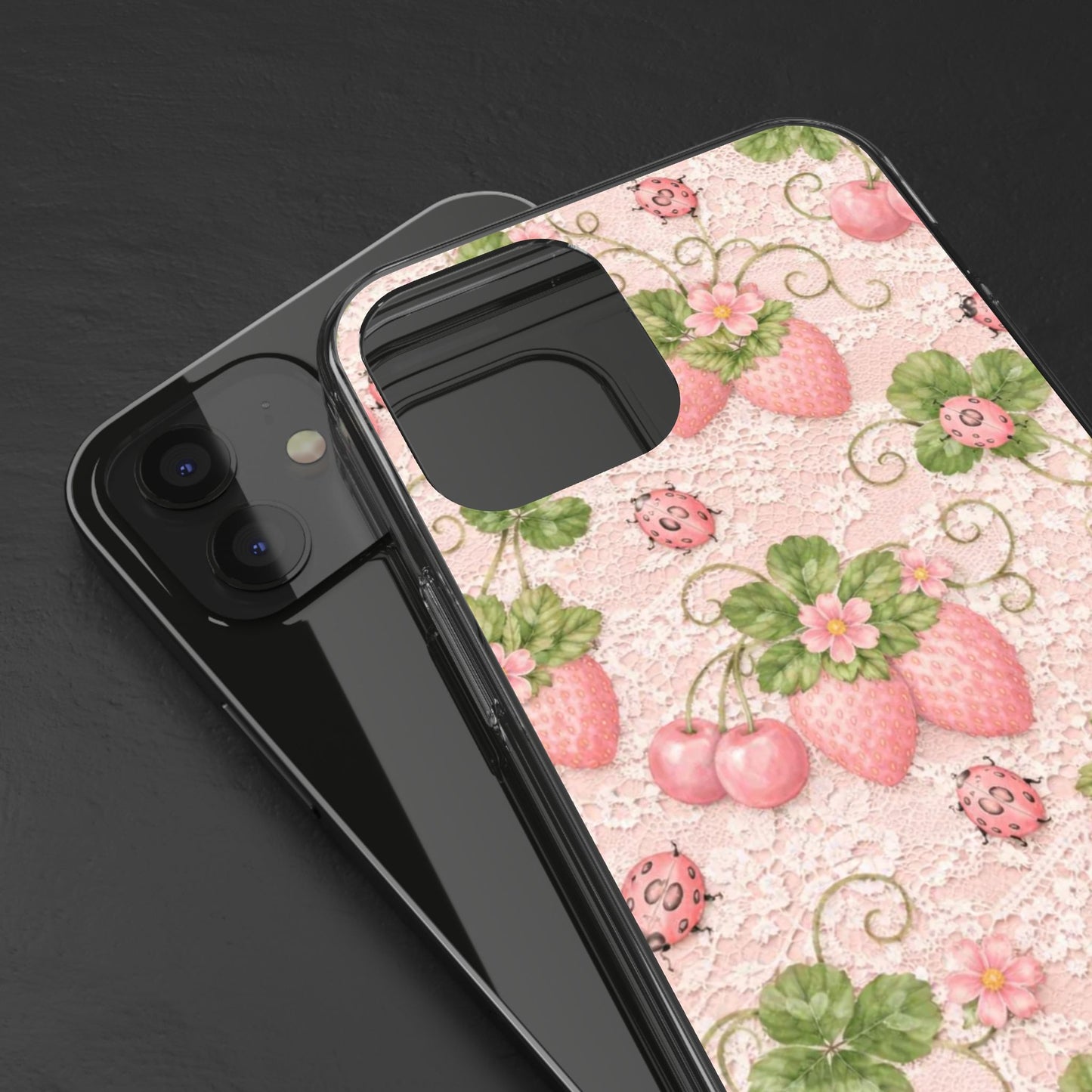 Pink Strawberry Pattern Clear Case | Floral Phone Case, Cute Fruit Design