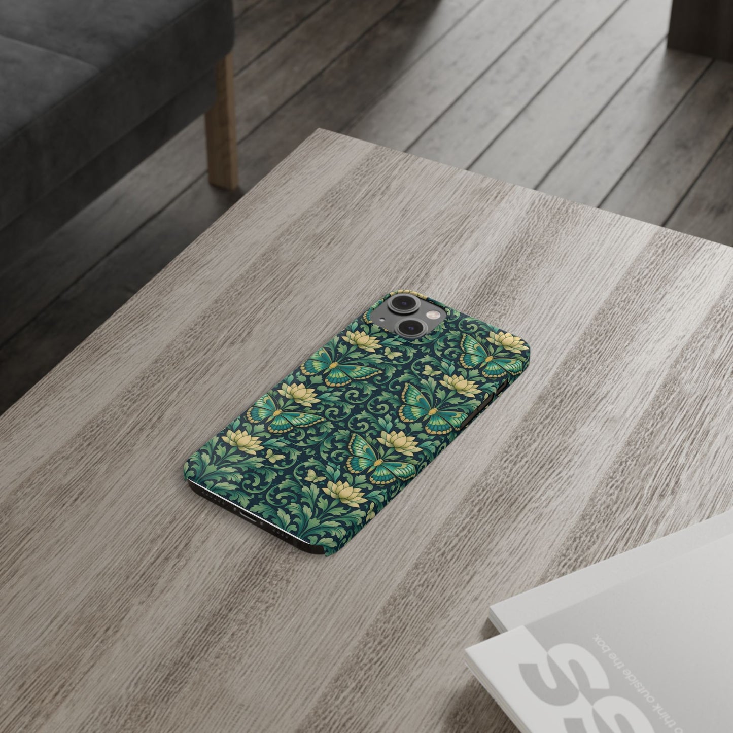 Slim Phone Case — Vintage Green Butterfly & Lotus Pattern