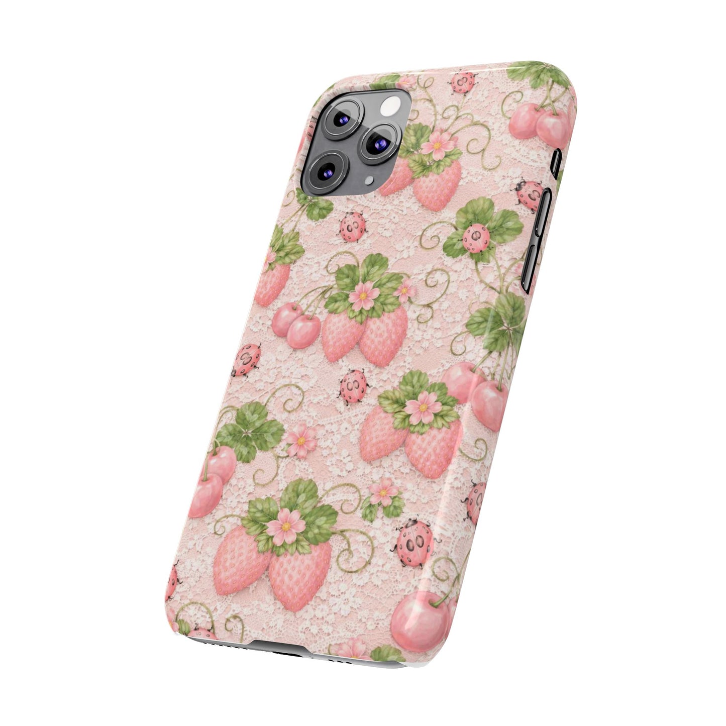 Strawberry Pattern Slim Phone Case — Vintage Pink Floral Fruit Design