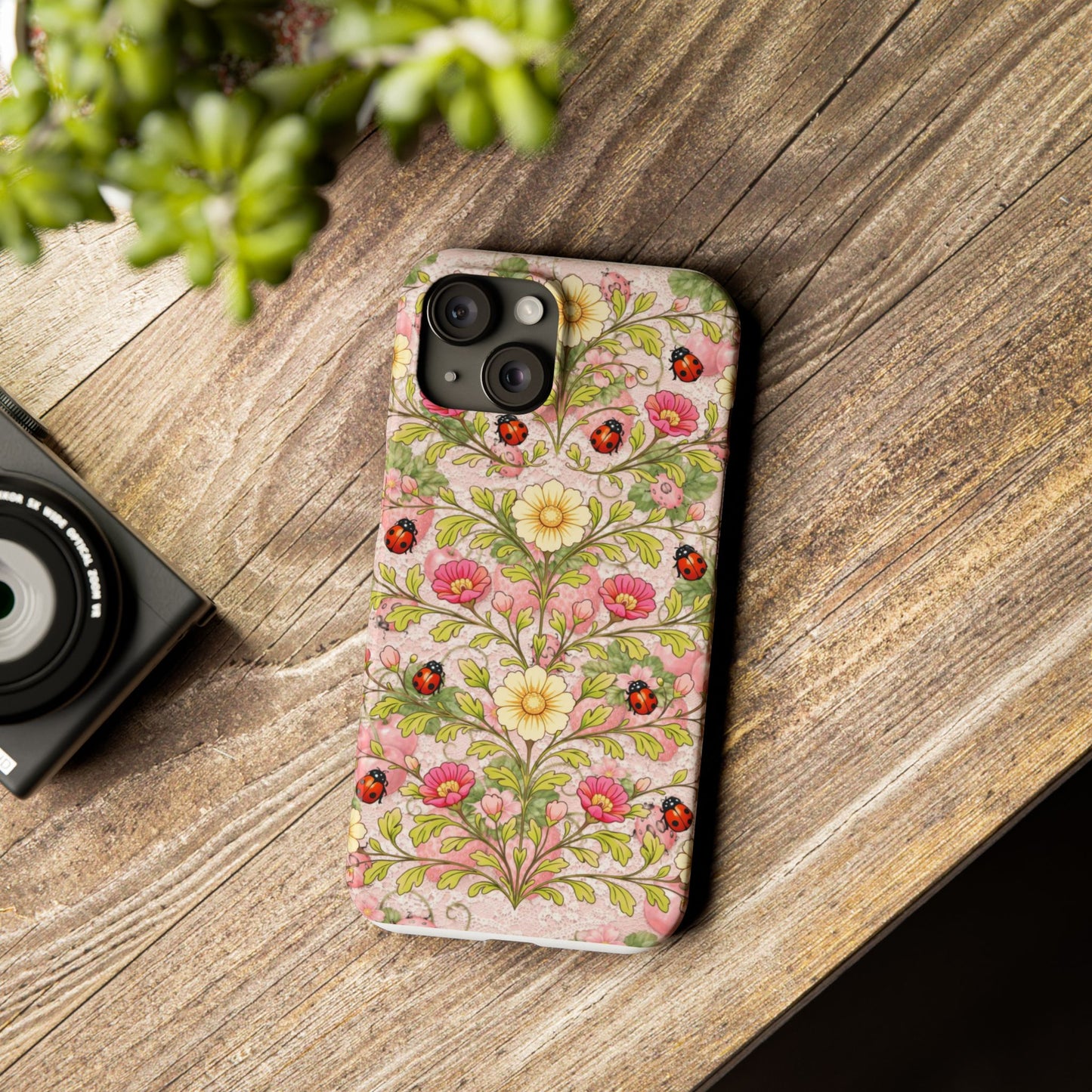 Floral Ladybug Slim Phone Case — Vintage Botanical Pink Garden Design