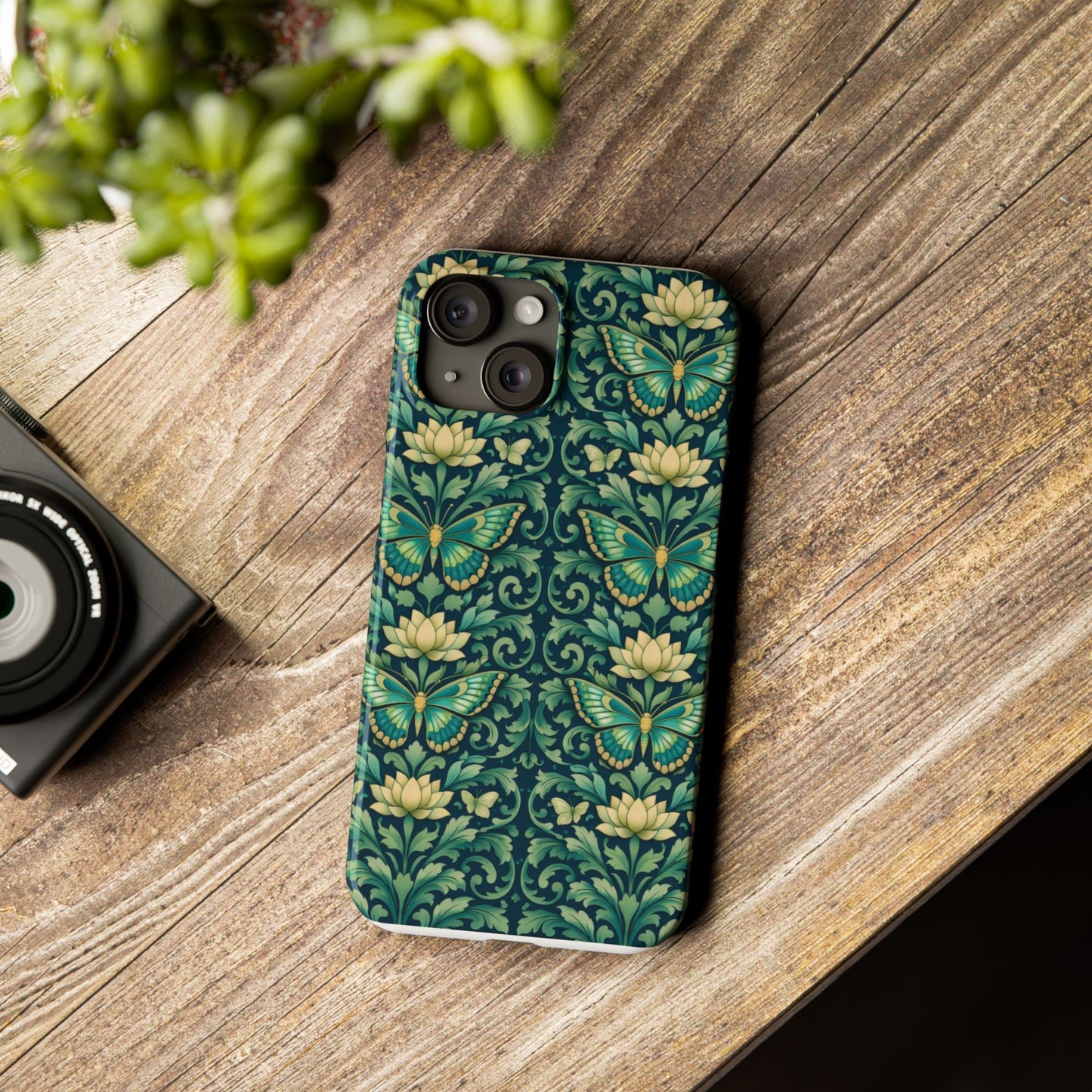 Slim Phone Case — Vintage Green Butterfly & Lotus Pattern