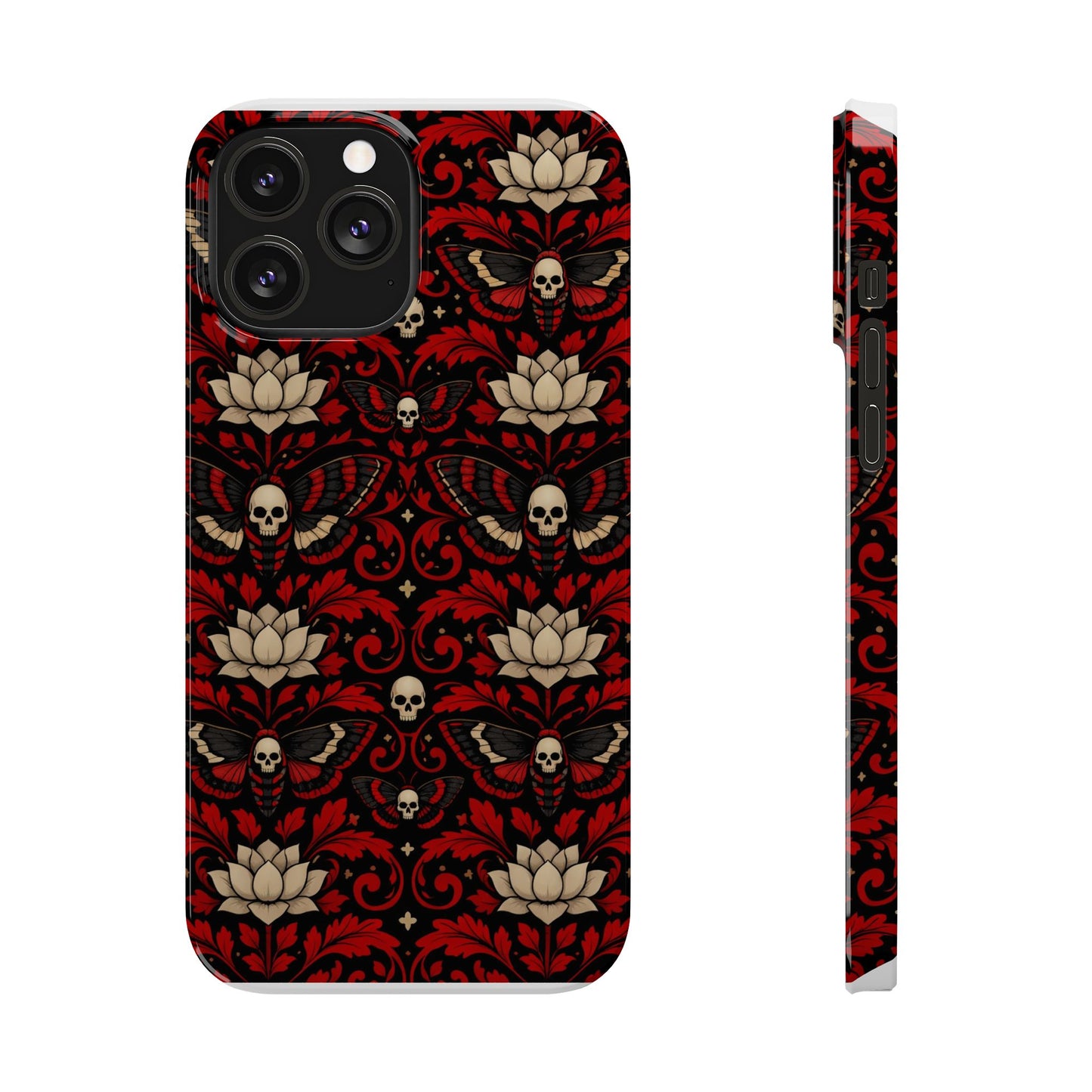 Gothic Skull & Lotus Slim Phone Case — Red Damask Moth Pattern