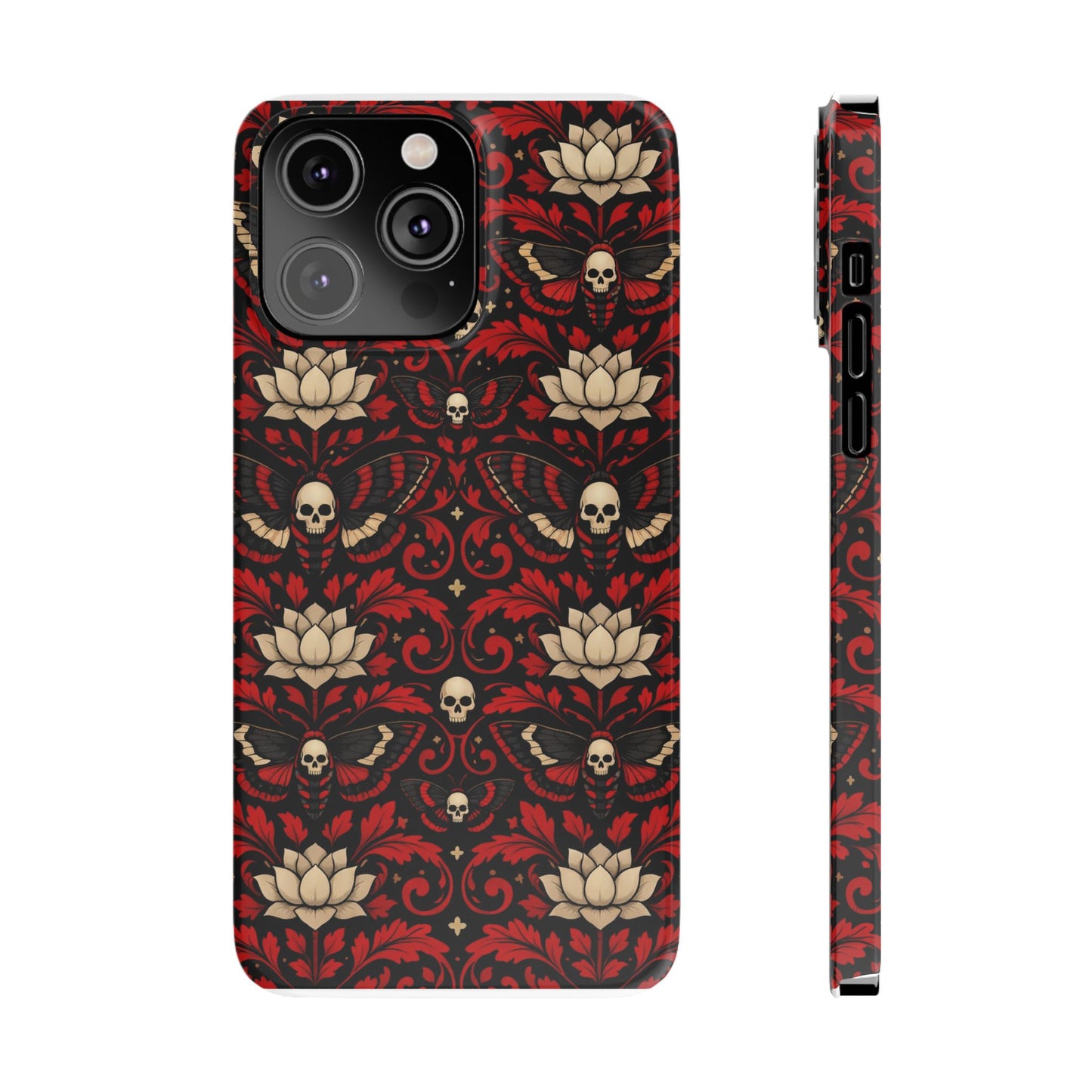 Gothic Skull & Lotus Slim Phone Case — Red Damask Moth Pattern