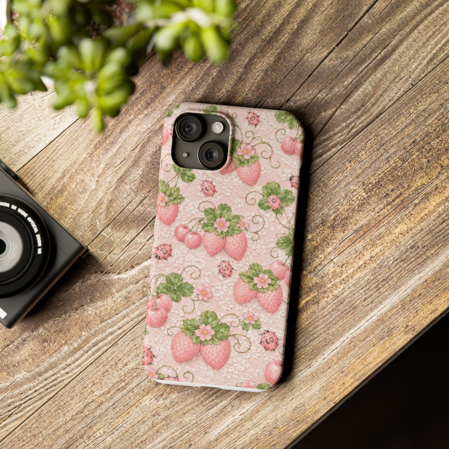 Strawberry Pattern Slim Phone Case — Vintage Pink Floral Fruit Design
