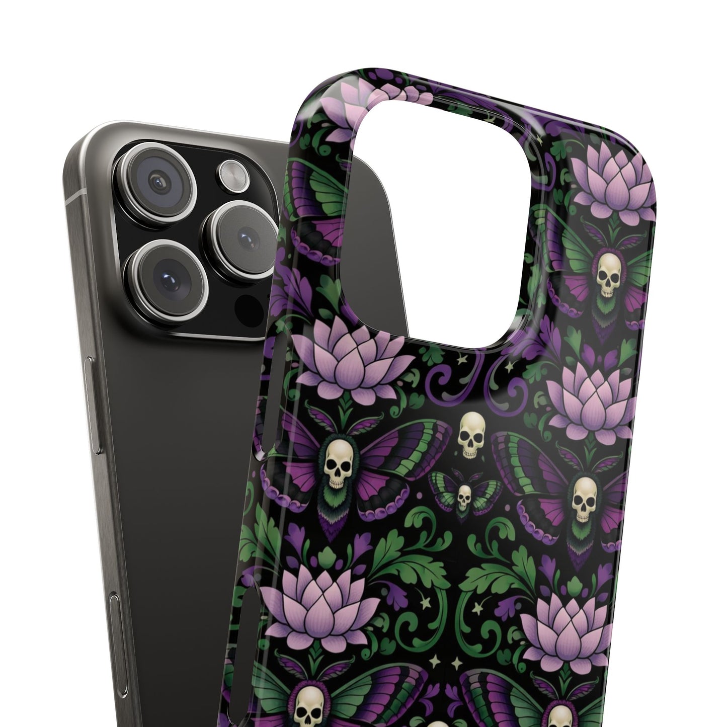 Gothic Lotus & Skull Slim Phone Case — Dark Floral Pattern for iPhone