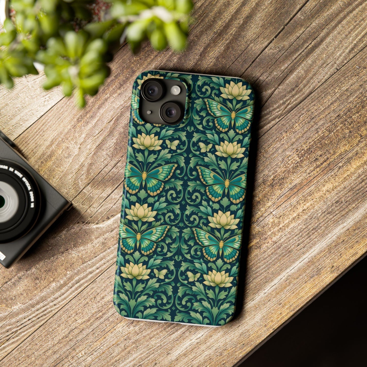 Slim Phone Case — Vintage Green Butterfly & Lotus Pattern