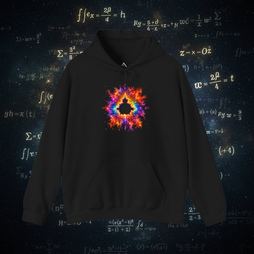 Mandelbrot Nebula Hoodie — Rainbow Fractal Explosion Pullover