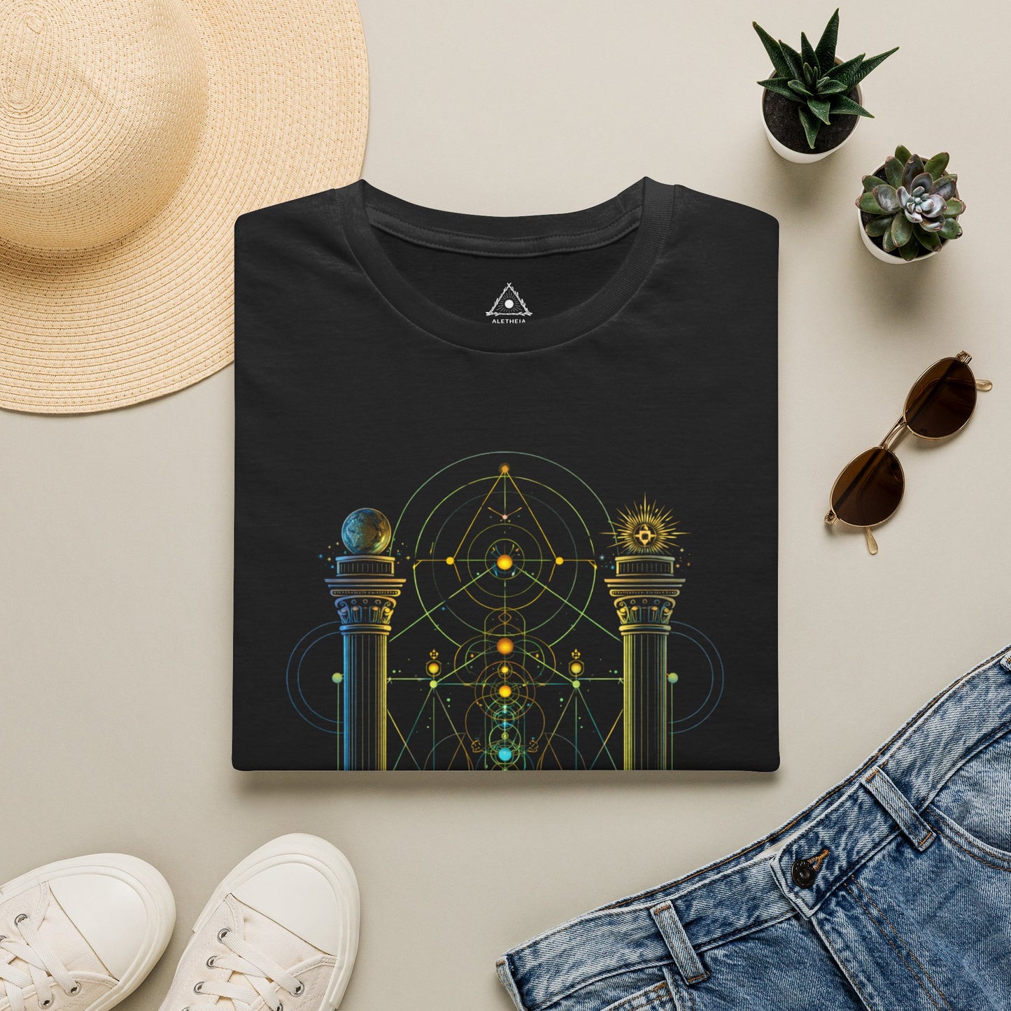 Mystic Pillars Geometry T-Shirt — Celestial Alchemy Graphic Tee