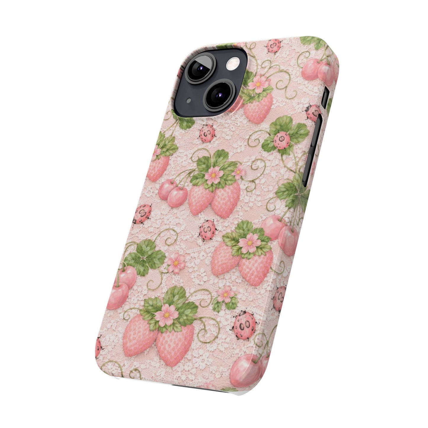 Strawberry Pattern Slim Phone Case — Vintage Pink Floral Fruit Design