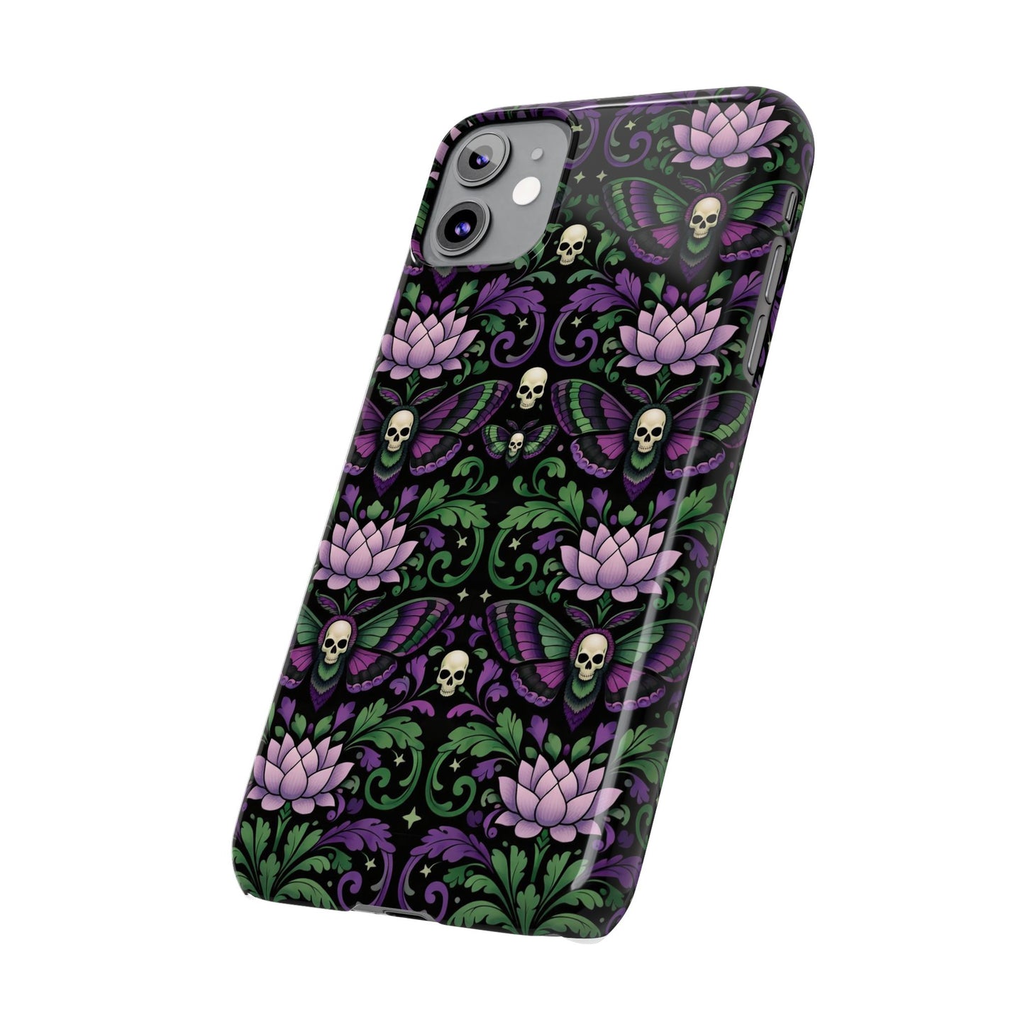 Gothic Lotus & Skull Slim Phone Case — Dark Floral Pattern for iPhone