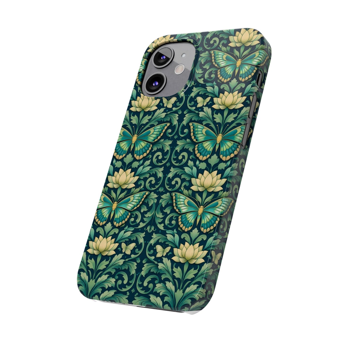 Slim Phone Case — Vintage Green Butterfly & Lotus Pattern