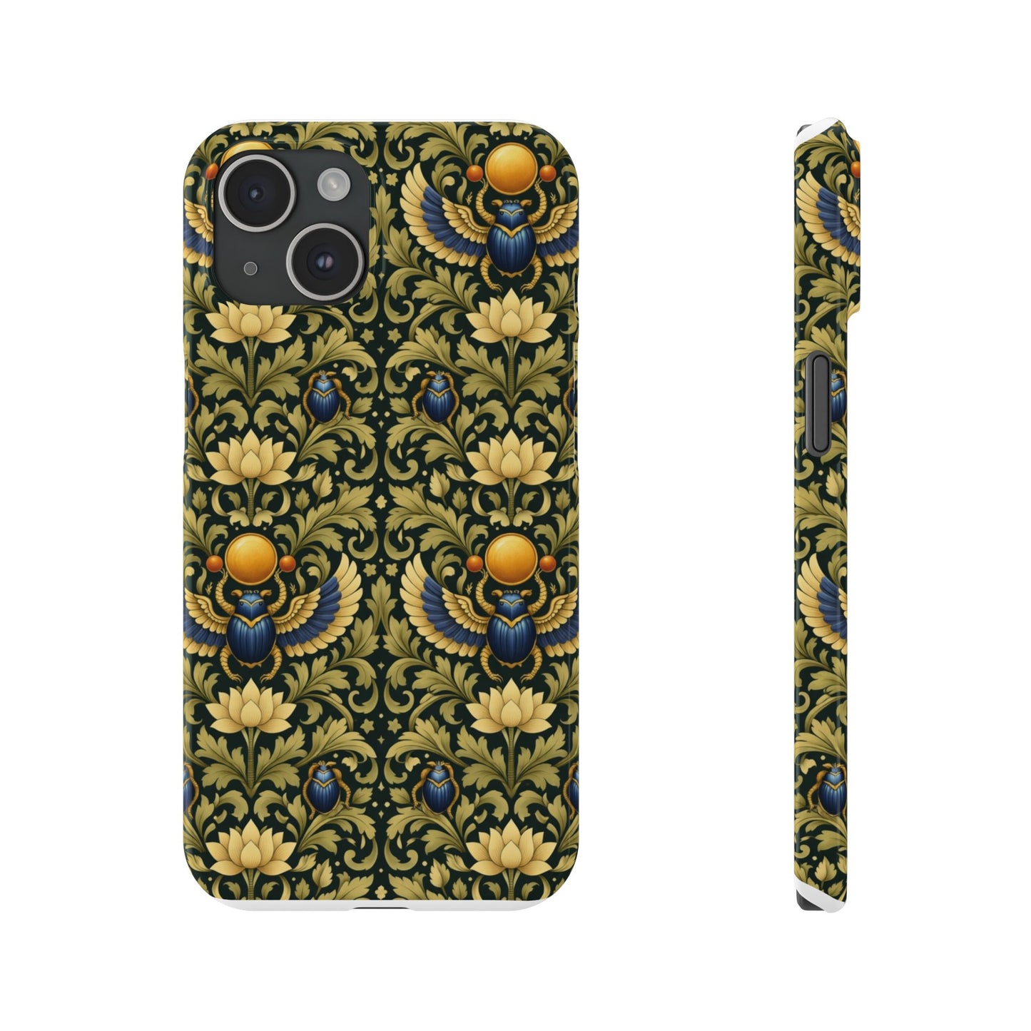 Slim Phone Case — Vintage Egyptian Scarab & Lotus Pattern (Gold on Olive)
