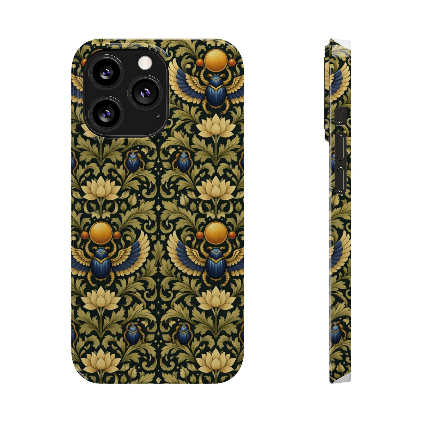 Slim Phone Case — Vintage Egyptian Scarab & Lotus Pattern (Gold on Olive)