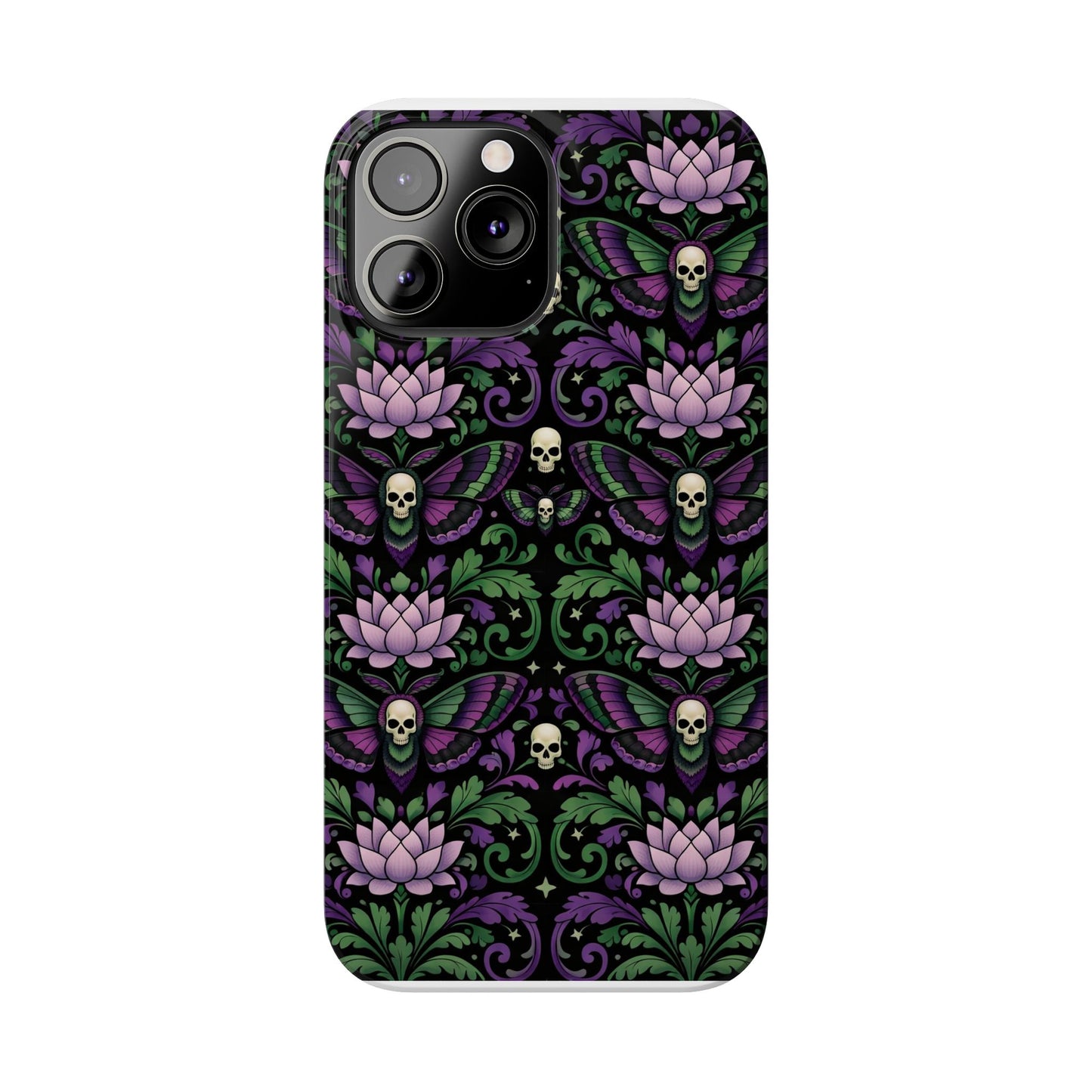 Gothic Lotus & Skull Slim Phone Case — Dark Floral Pattern for iPhone