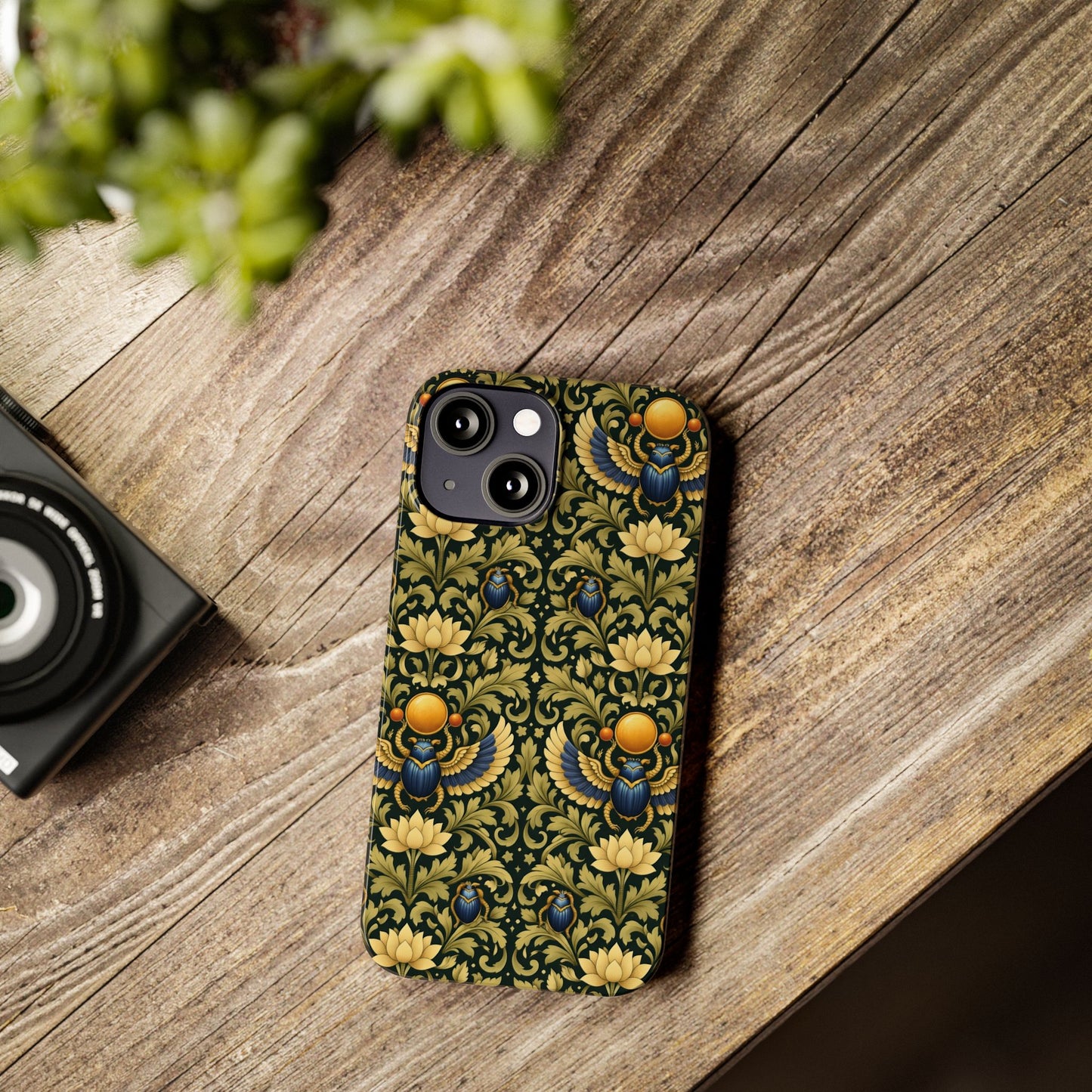 Slim Phone Case — Vintage Egyptian Scarab & Lotus Pattern (Gold on Olive)