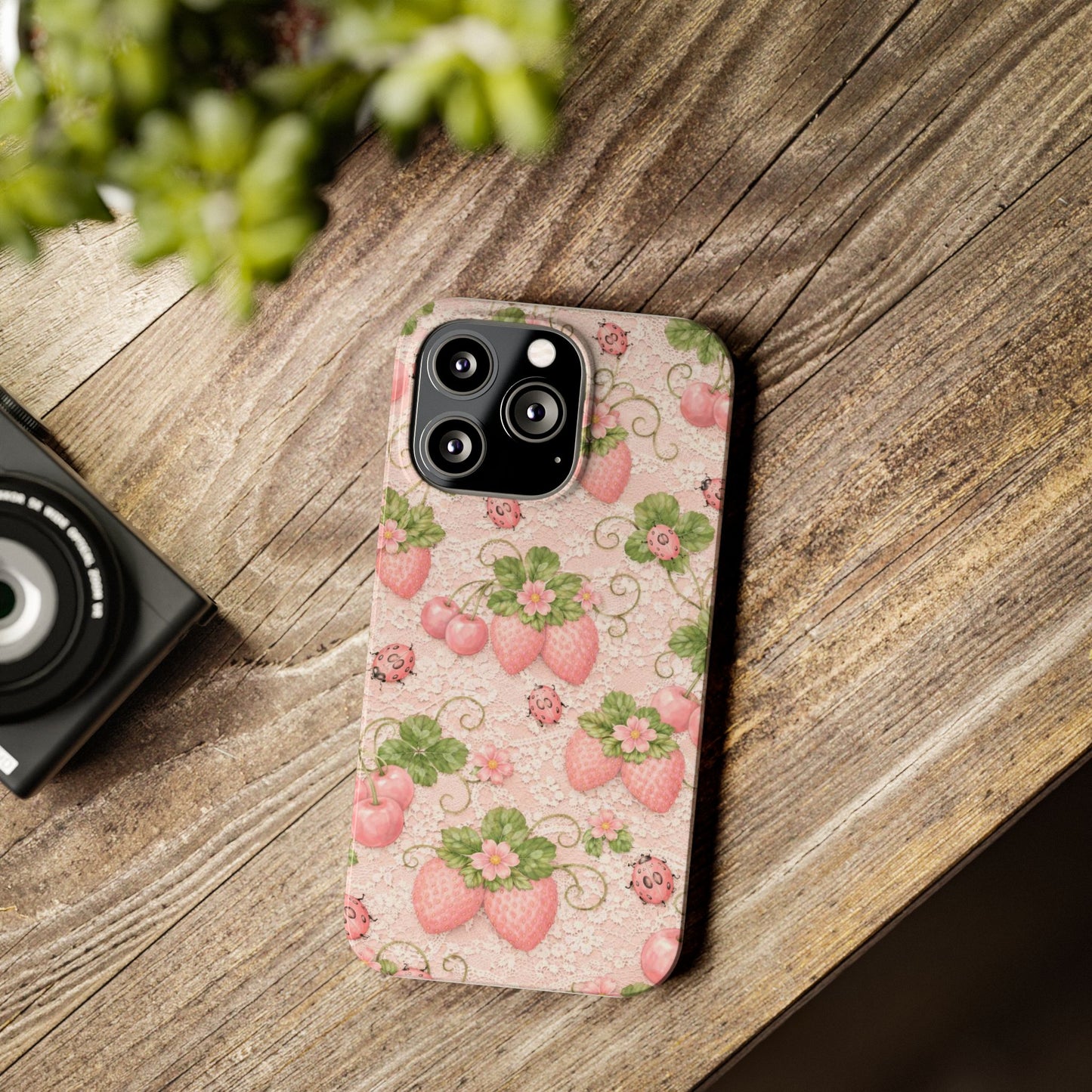 Strawberry Pattern Slim Phone Case — Vintage Pink Floral Fruit Design