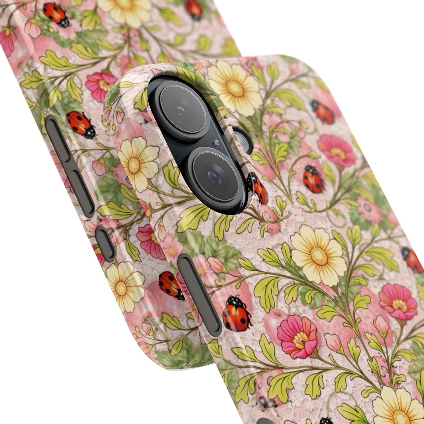 Floral Ladybug Slim Phone Case — Vintage Botanical Pink Garden Design