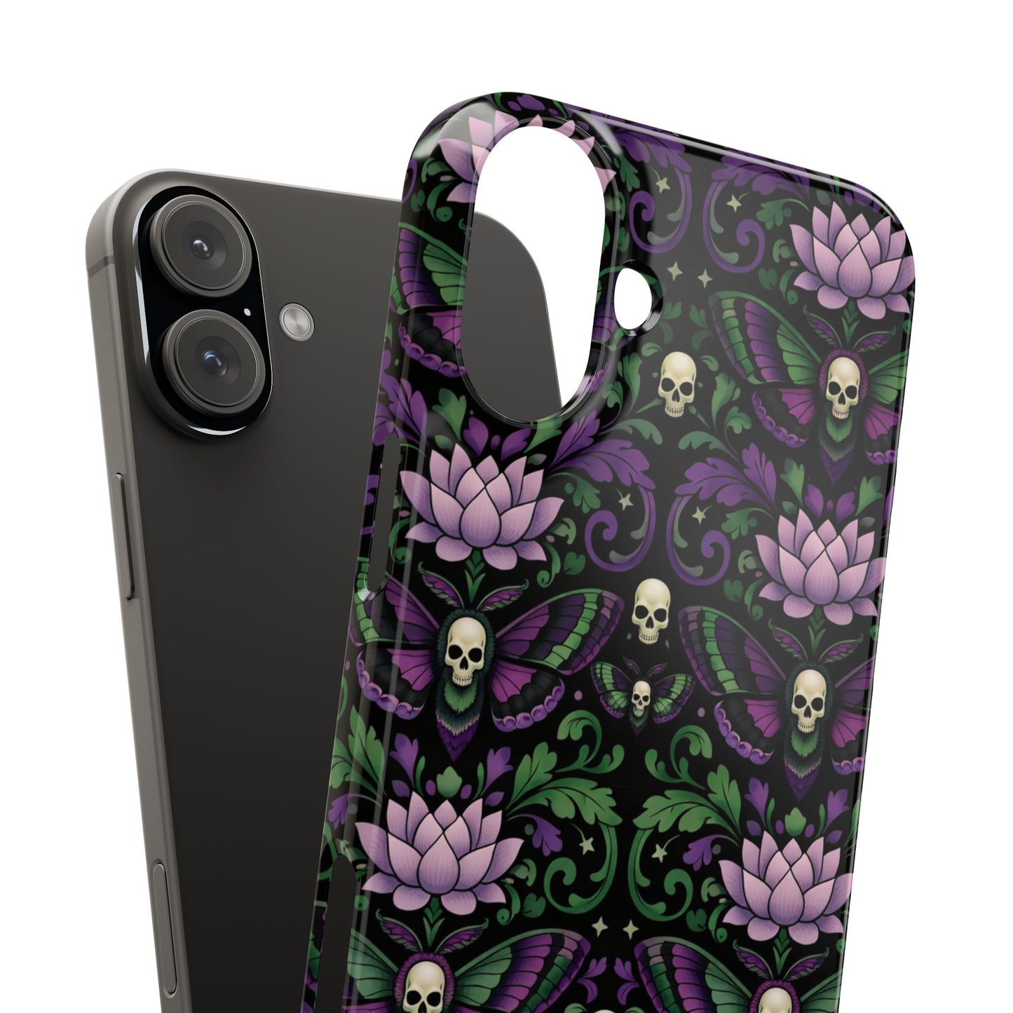 Gothic Lotus & Skull Slim Phone Case — Dark Floral Pattern for iPhone