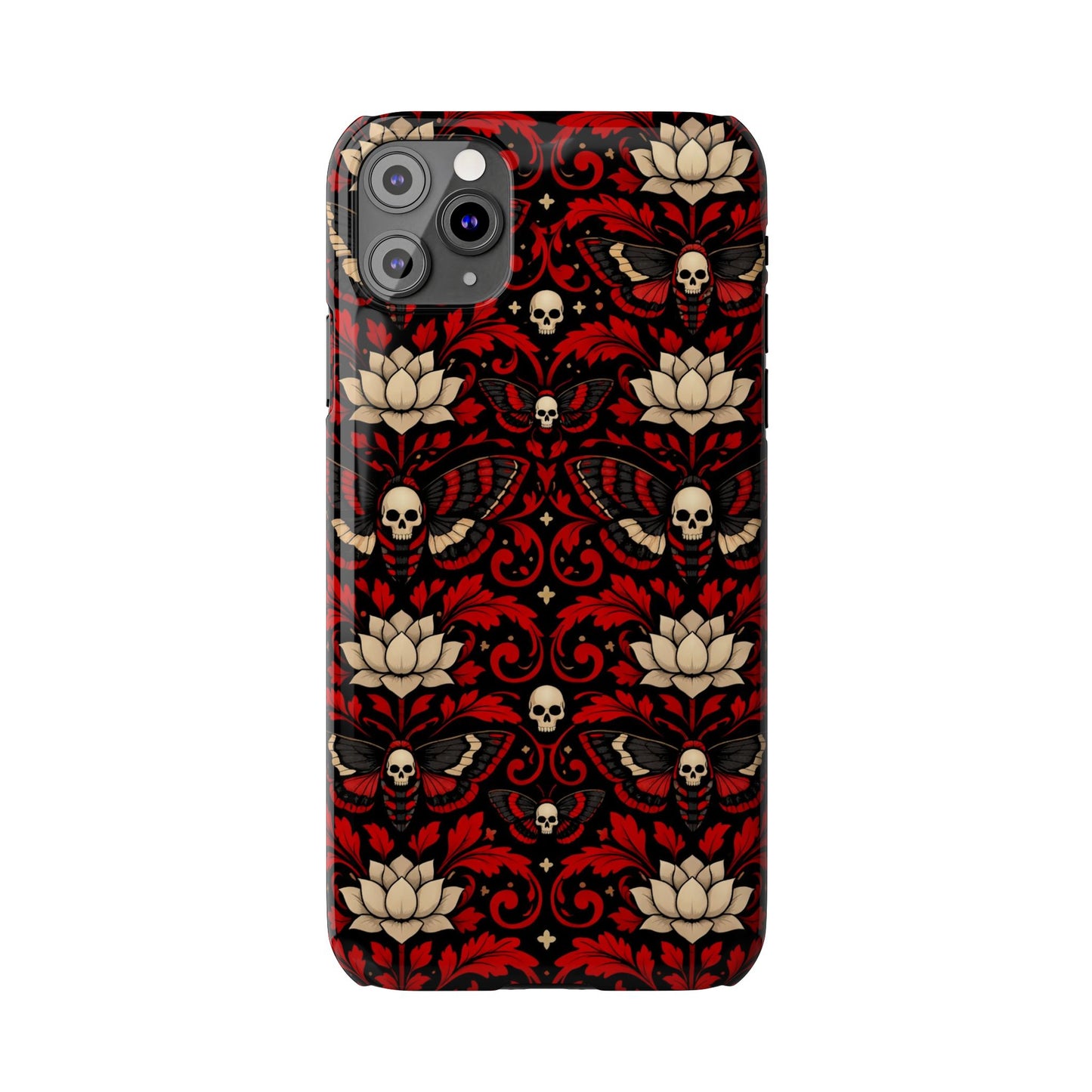 Gothic Skull & Lotus Slim Phone Case — Red Damask Moth Pattern