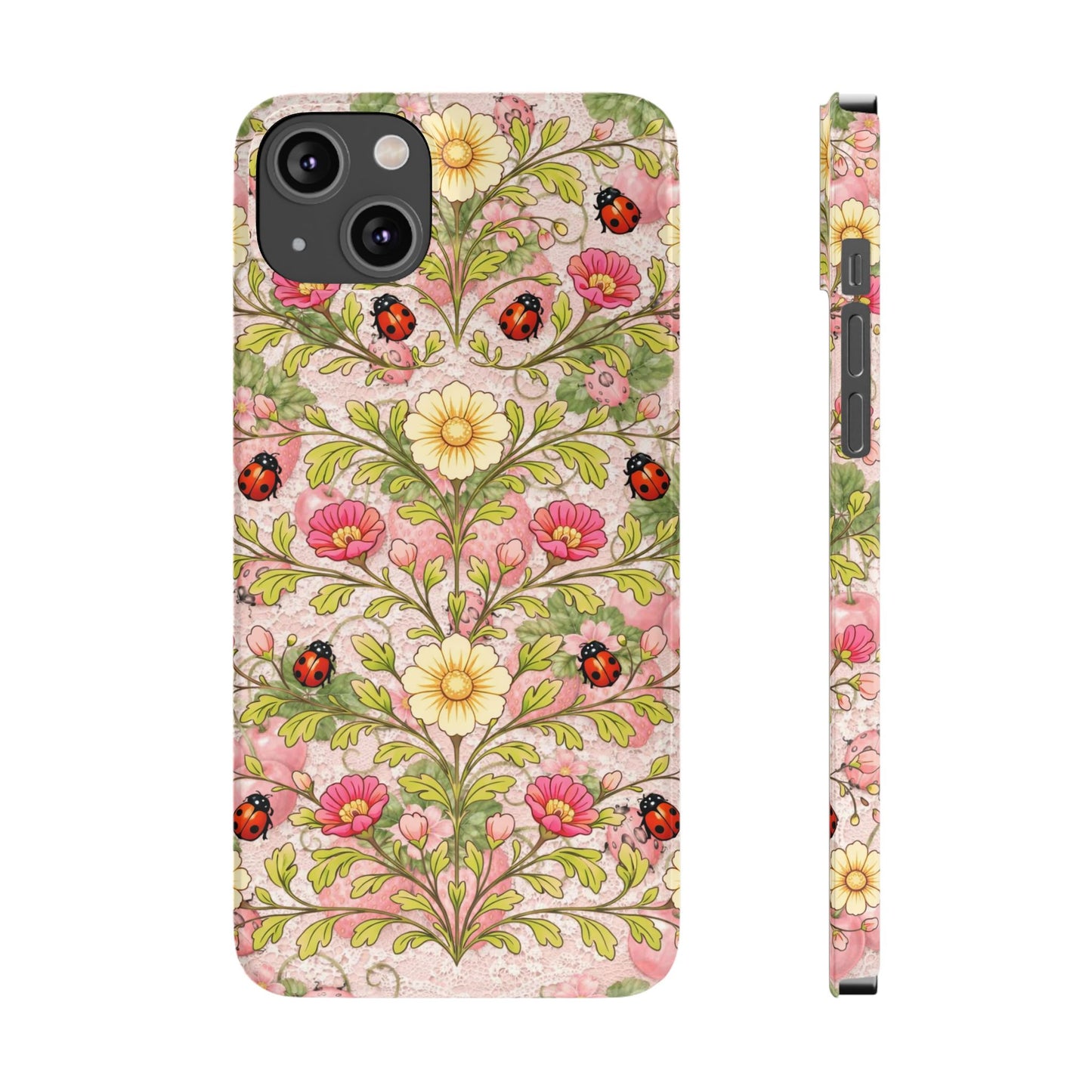 Floral Ladybug Slim Phone Case — Vintage Botanical Pink Garden Design