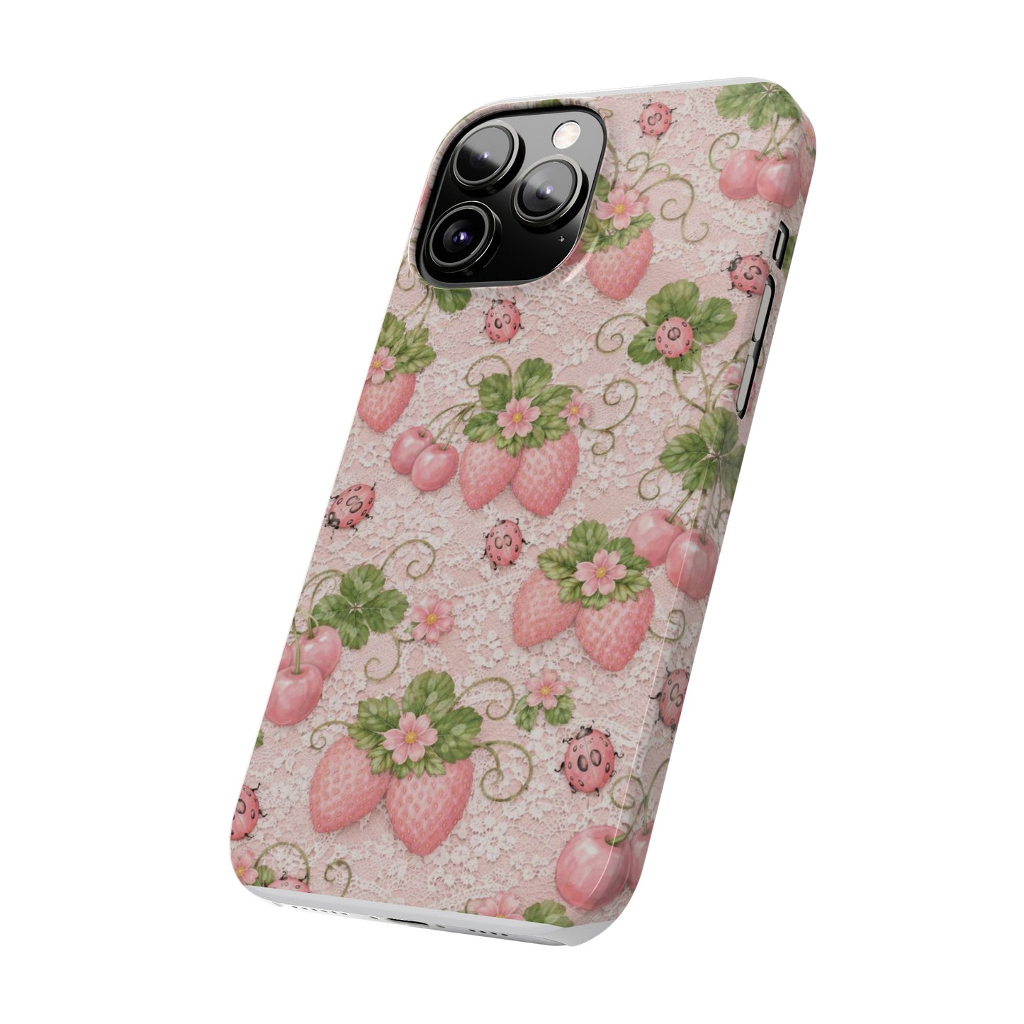 Strawberry Pattern Slim Phone Case — Vintage Pink Floral Fruit Design