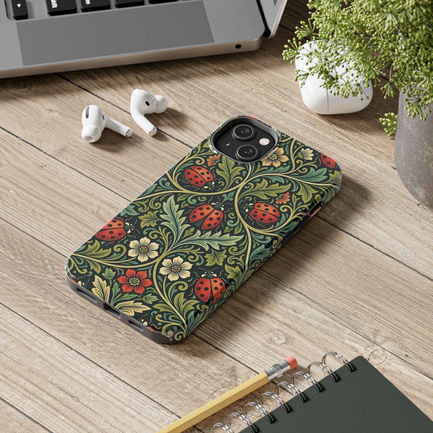 Vintage Floral Ladybug Tough Phone Case — Botanical Victorian Pattern