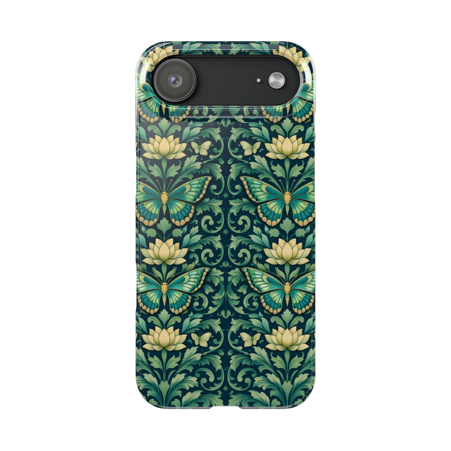 Slim Phone Case — Vintage Green Butterfly & Lotus Pattern