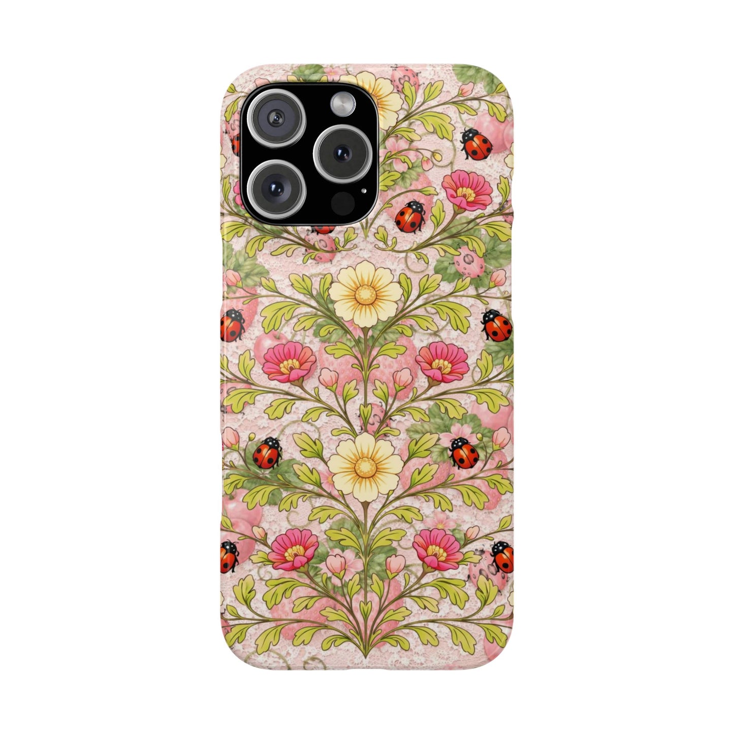 Floral Ladybug Slim Phone Case — Vintage Botanical Pink Garden Design