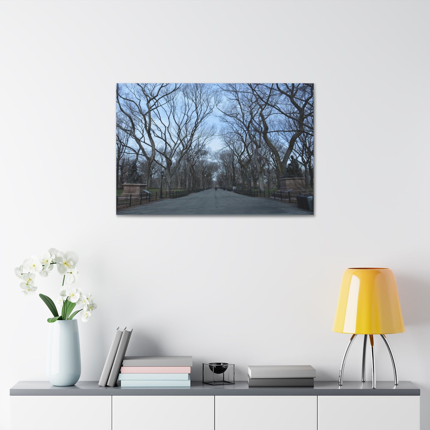 Leafless Tree Lined Path Canvas Stretched | Central Park In Winter Landscape Wall Art