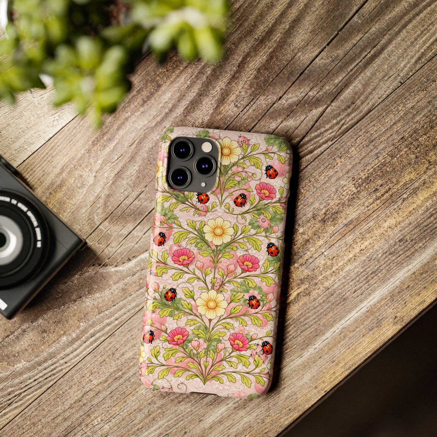 Floral Ladybug Slim Phone Case — Vintage Botanical Pink Garden Design